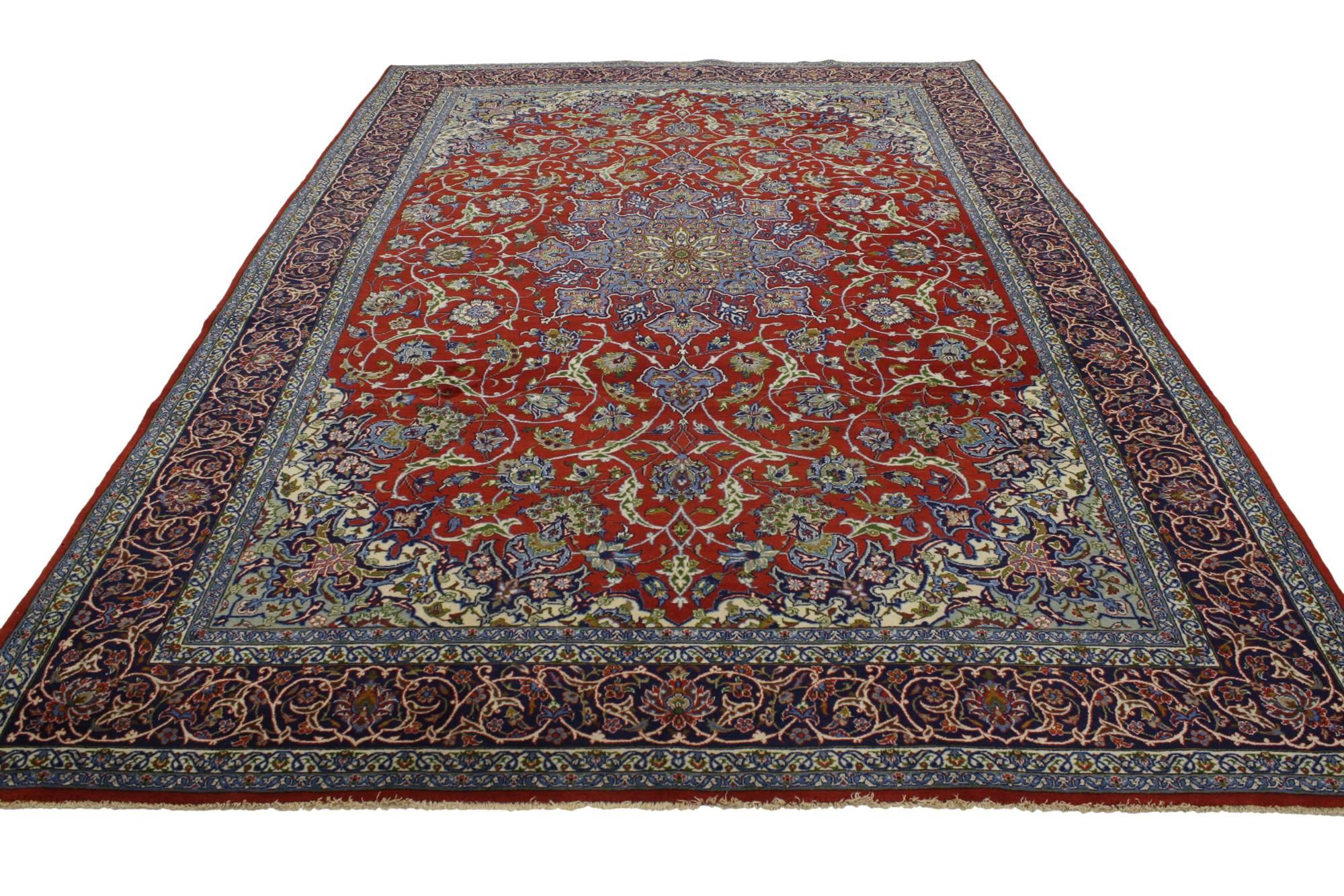 76901 Vintage Persian Isfahan Rug with Shah Abba Design and Federal Style. Rich colors with beguiling ambiance, this hand-knotted wool vintage Persian Isfahan rug features an all-over Shah Abba pattern of dancing vines and tendrils with cornflower