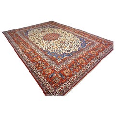 Vintage Persian Isfahan Wool 11x14 Ivory, Blue & Red Handmade Area Rug