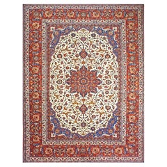 Vintage Persian Isfahan Wool 11x14 Ivory, Blue & Red Handmade Area Rug