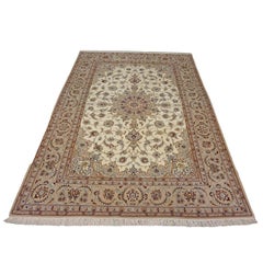 Vintage Persian Isfahan Wool & Silk 5x8 Ivory & Tan Handmade Area Rug