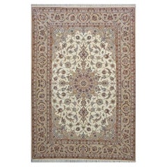 Vintage Persian Isfahan Wool & Silk 5x8 Ivory & Tan Handmade Area Rug