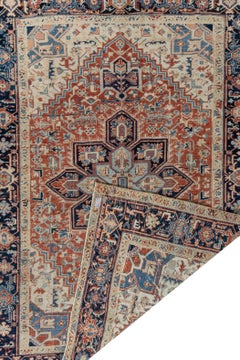 Vintage Persian Heriz  Ivory Rug, 6'5 x 9' Hand-Knotted Wool, Geometric, 1940