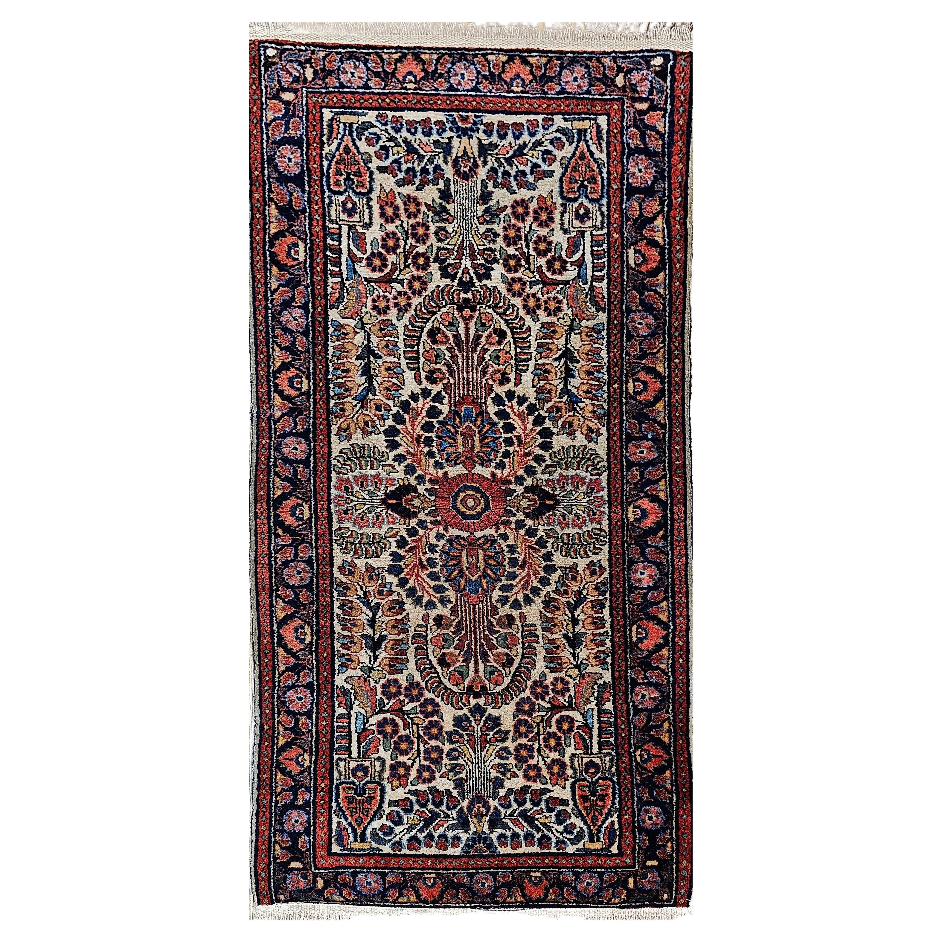 Vintage Persian Ivory Sarouk Area Rug in Ivory, Yellow, Green, Red, Pink, Blue For Sale