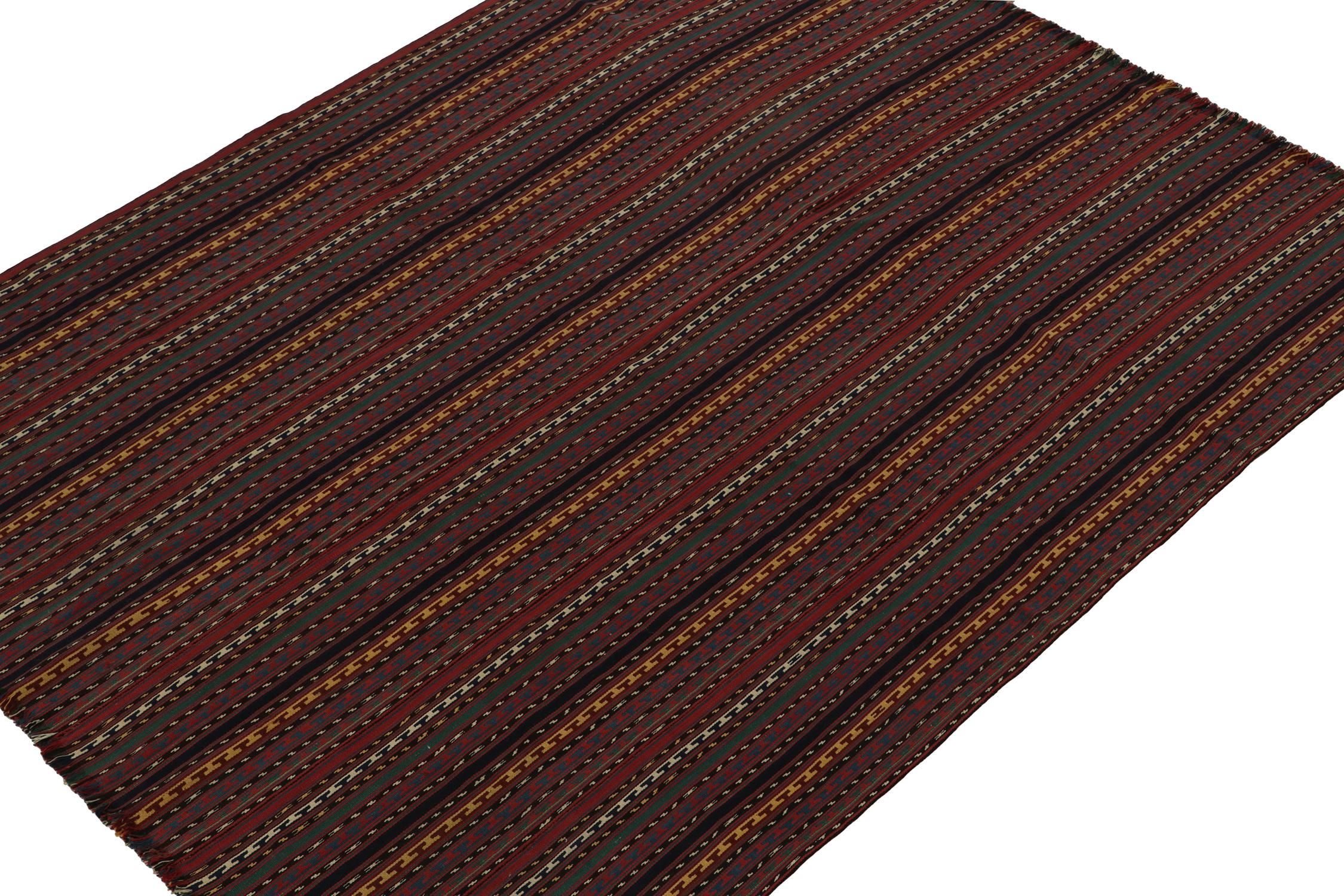 This vintage 6x7 Persian kilim is a Jajim style curation, handwoven in wool circa 1950-1960. 

Further on the Design:

This rich repeat design prefers brick red, forest green, gold and black in a gorgeous yet simple play of polychromatic