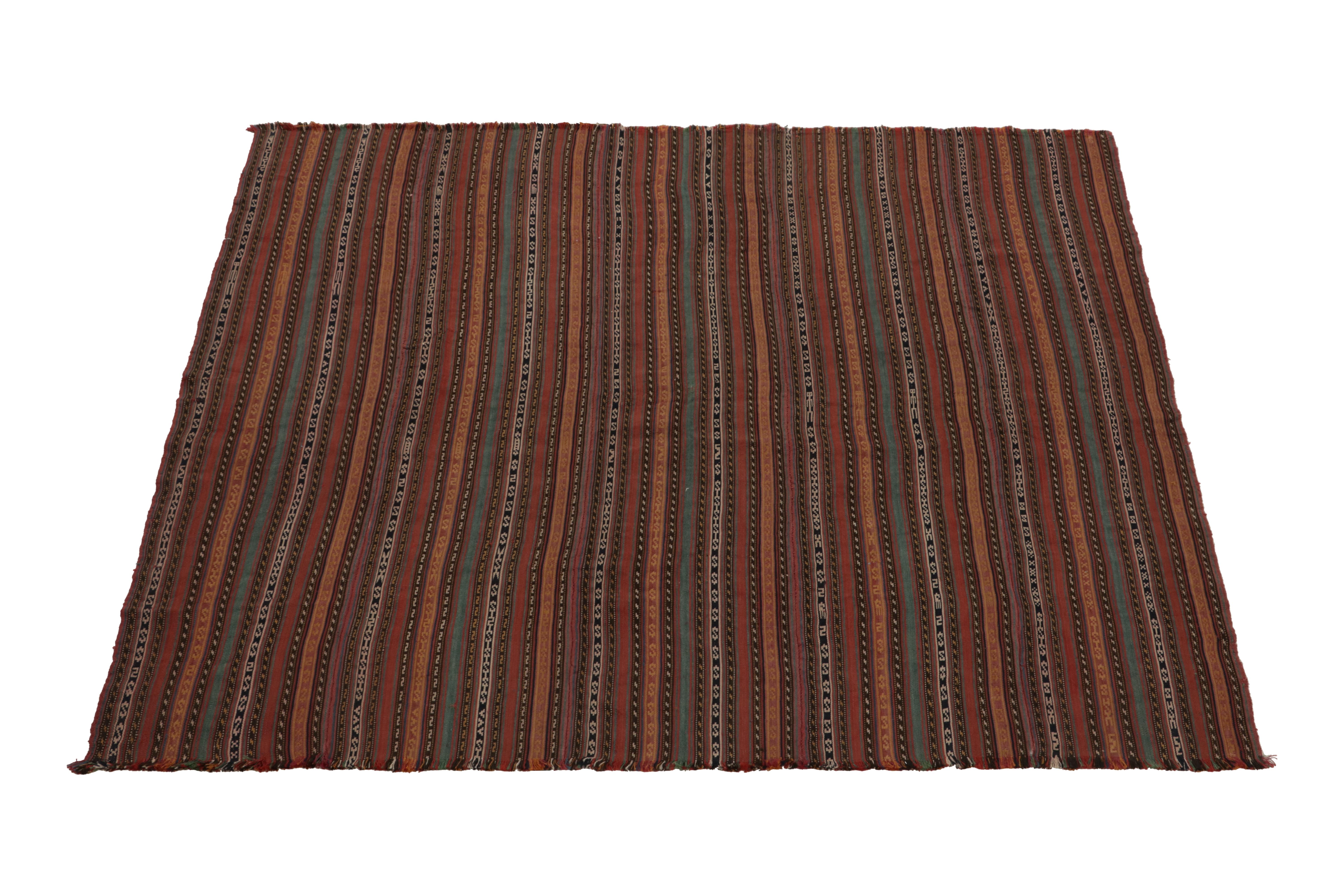 This vintage 6x6 square Persian kilim is a Jajim style curation, handwoven in wool circa 1950-1960. 

Further on the Design:

This rich repeat design prefers brick red, forest green, rust, and brown in a gorgeous yet simple play of polychromatic