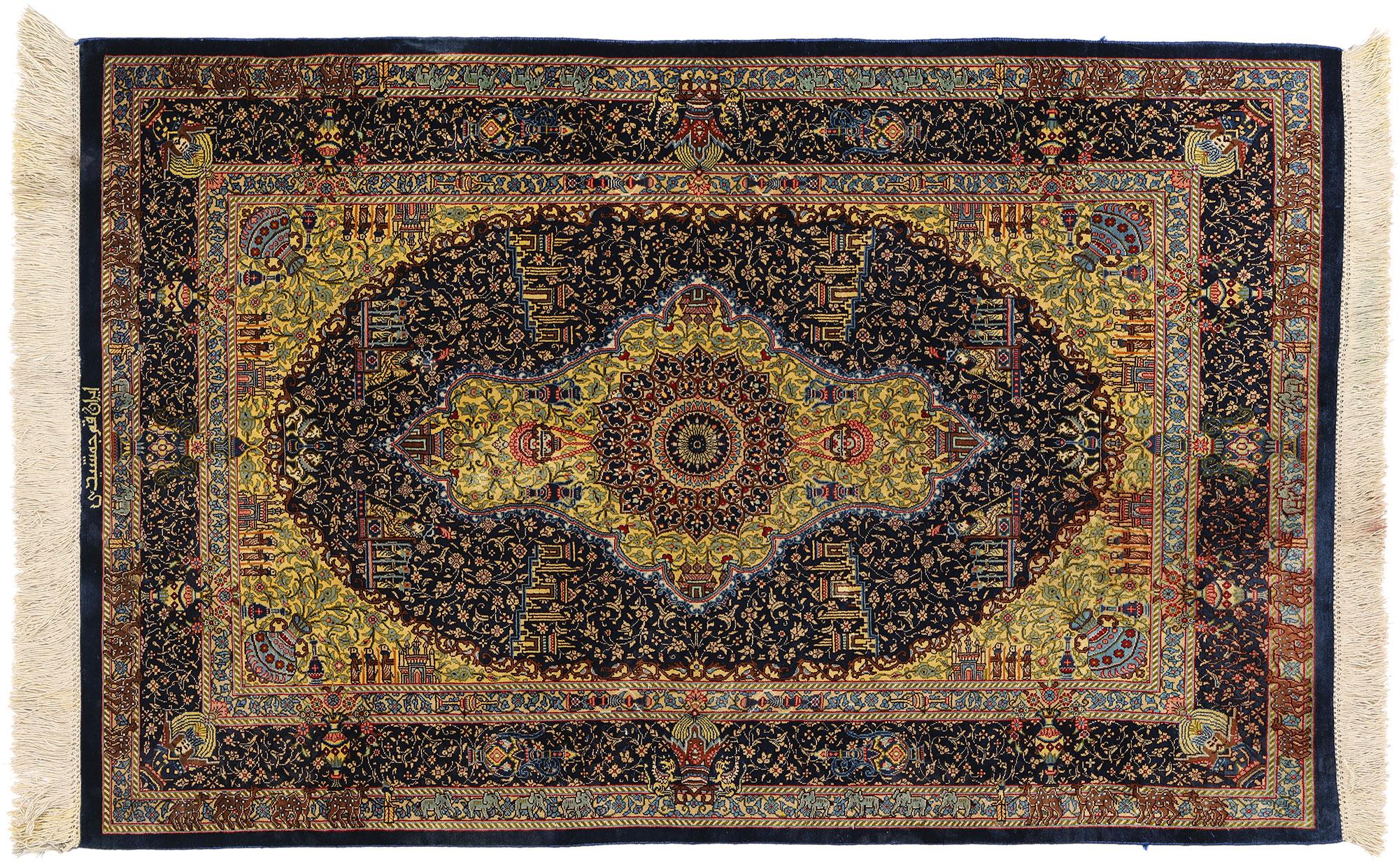 Vintage Persian Jamshidi Silk Qum Rug, Timeless Allure Meets Islamic Enchantment For Sale 5