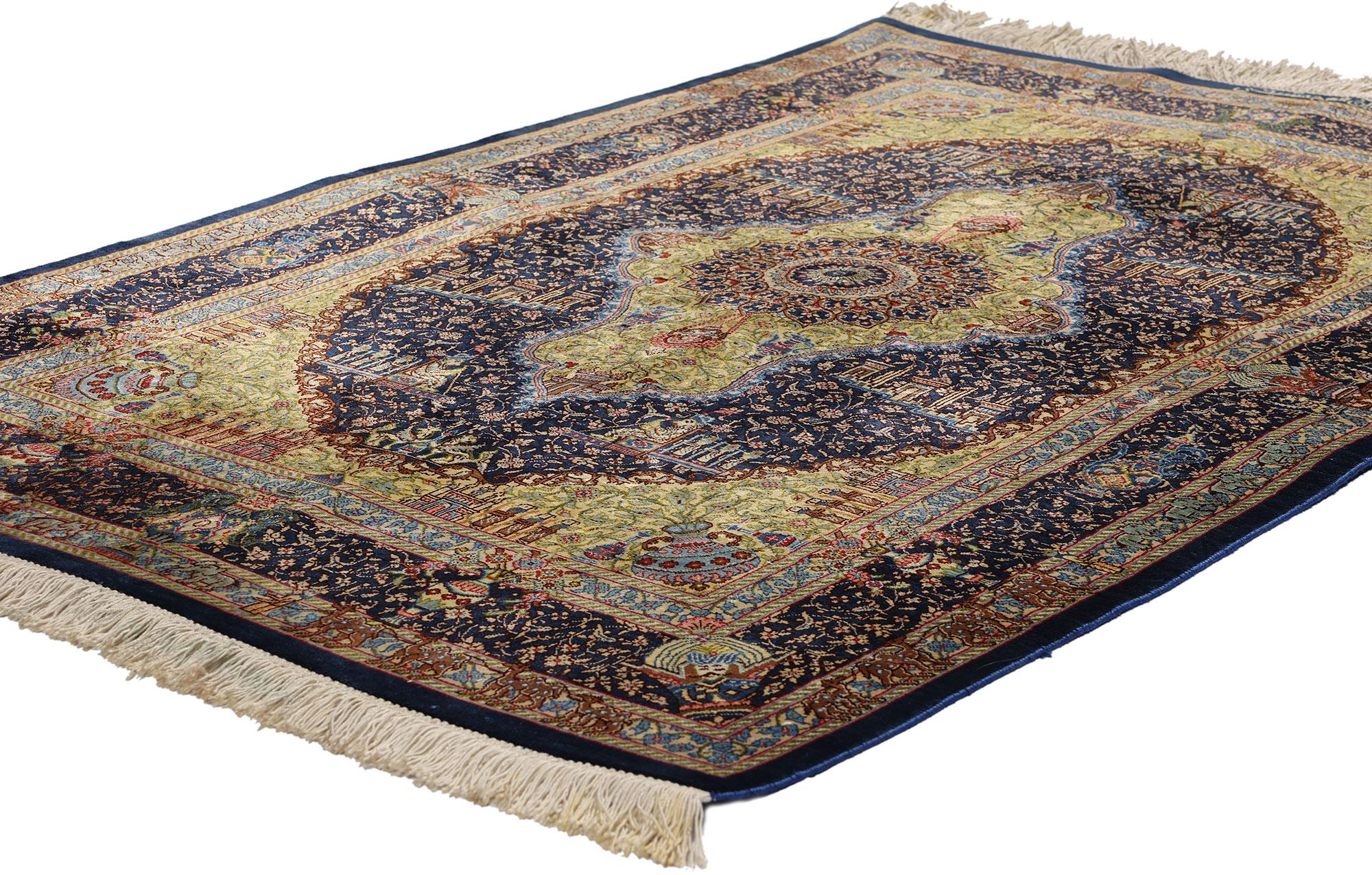 78717 Vintage Persian Jamshidi Silk Qum Rug, 02'08 x 04'00. The Jamshidi Silk Qum rug is an exquisite and sought-after type of Persian rug crafted in the city of Qom, Iran. Renowned for its use of silk fibers, this luxurious vintage Persian Qum rug