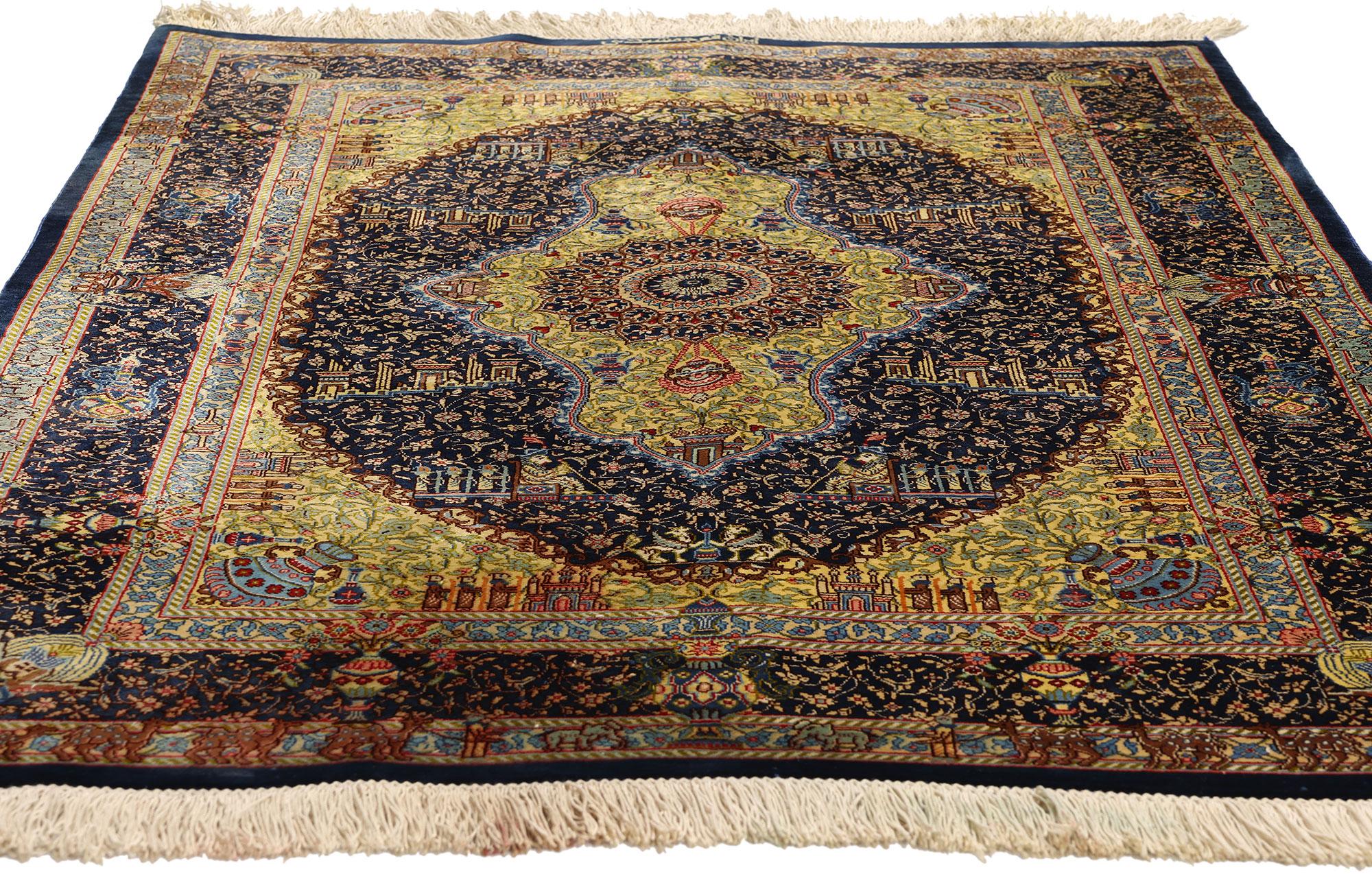 Hand-Knotted Vintage Persian Jamshidi Silk Qum Rug, Timeless Allure Meets Islamic Enchantment For Sale