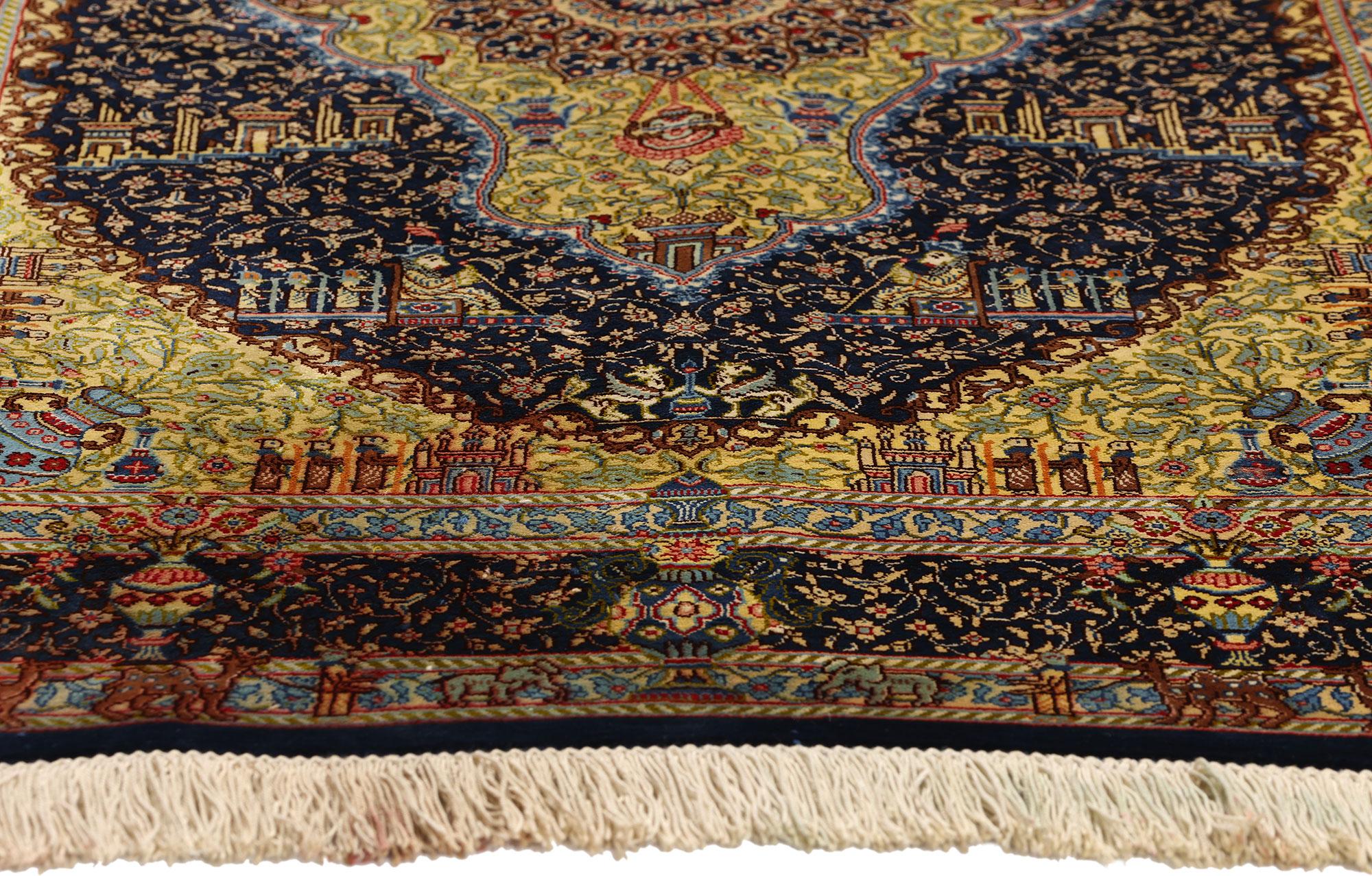 Hand-Knotted Vintage Persian Jamshidi Silk Qum Rug, Timeless Allure Meets Islamic Enchantment For Sale