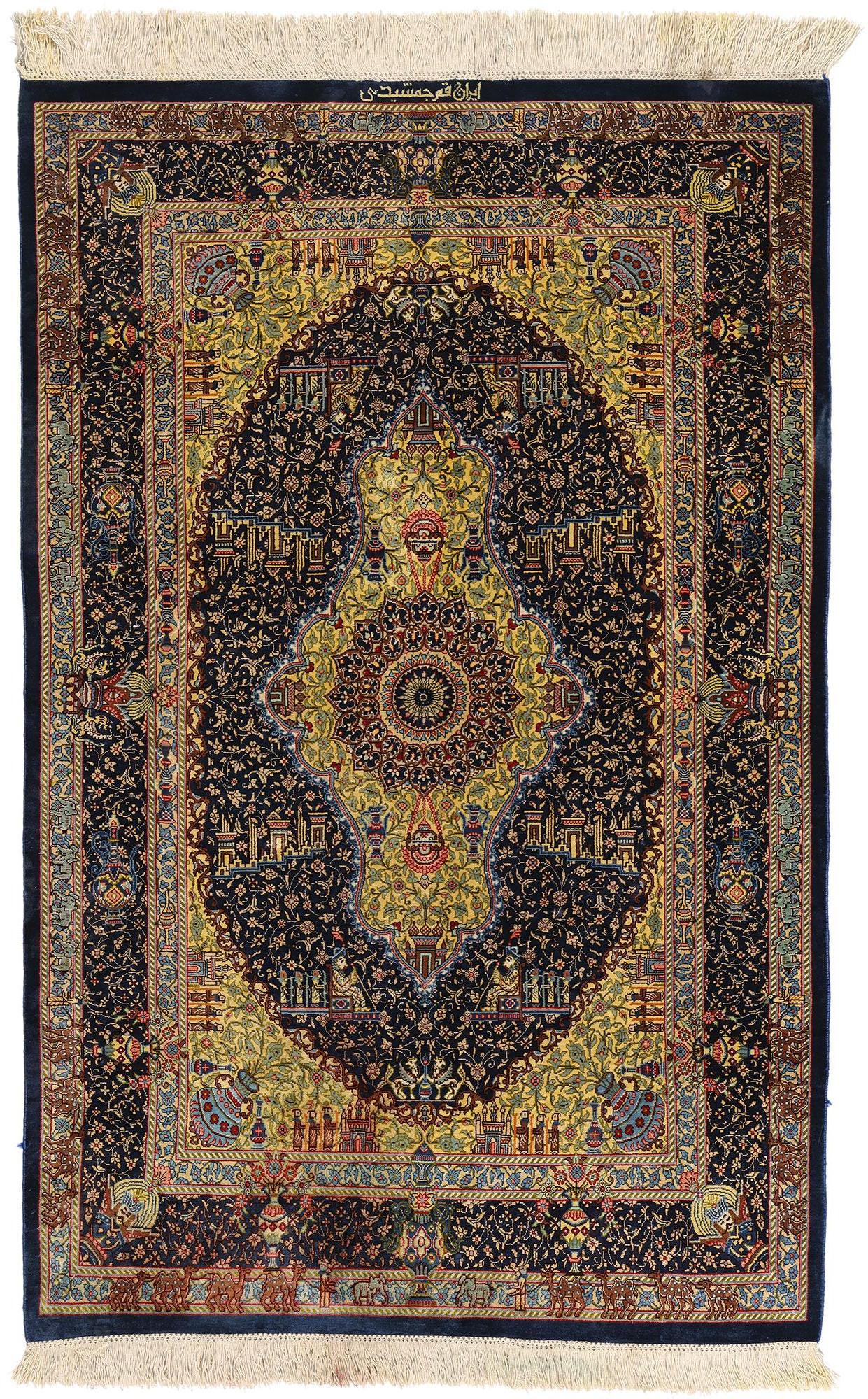 Vintage Persian Jamshidi Silk Qum Rug, Timeless Allure Meets Islamic Enchantment