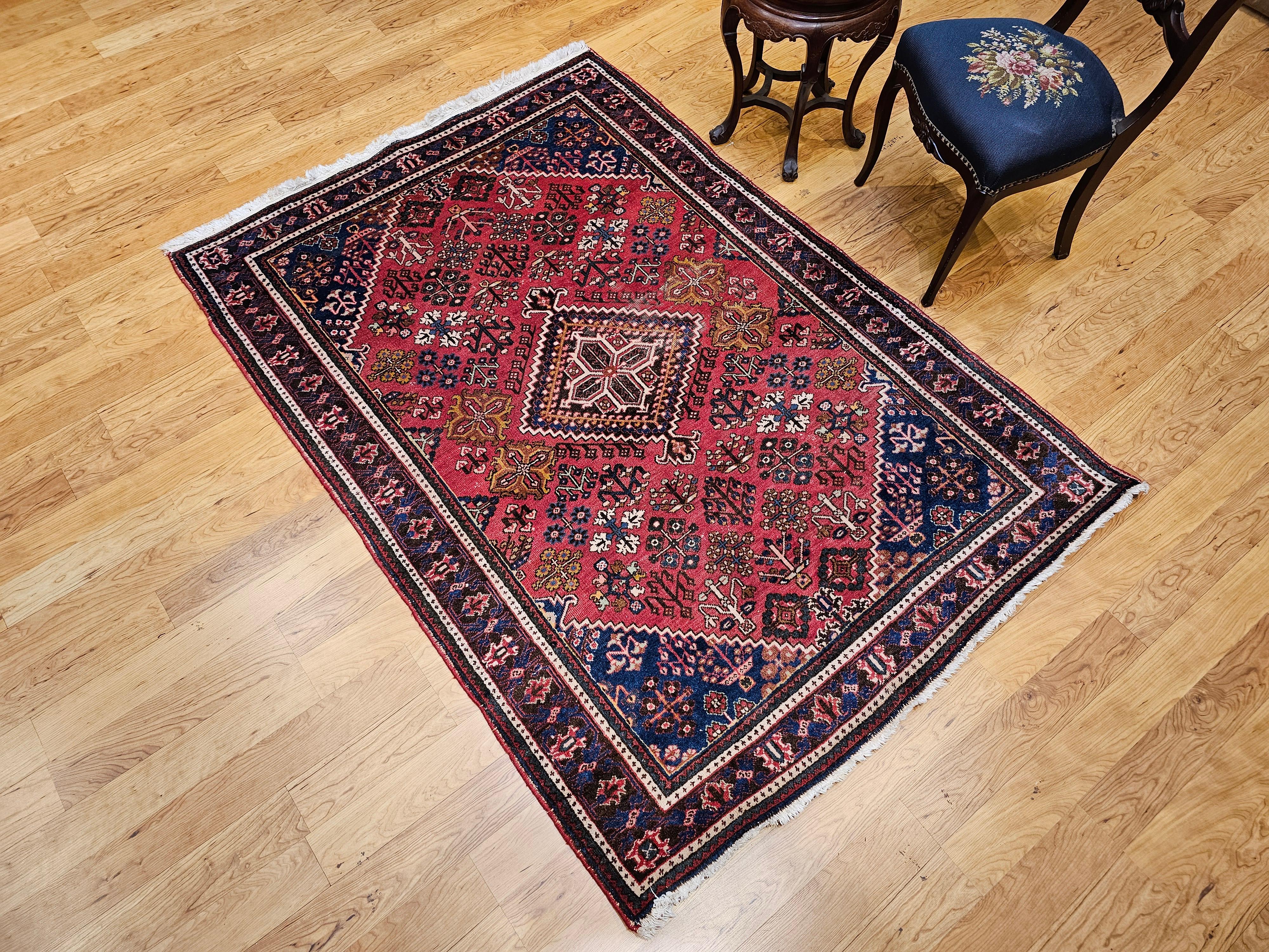 Vintage Persian Joshaghan Rug in a Geometric Pattern in Rust Red, French Blue, G For Sale 4