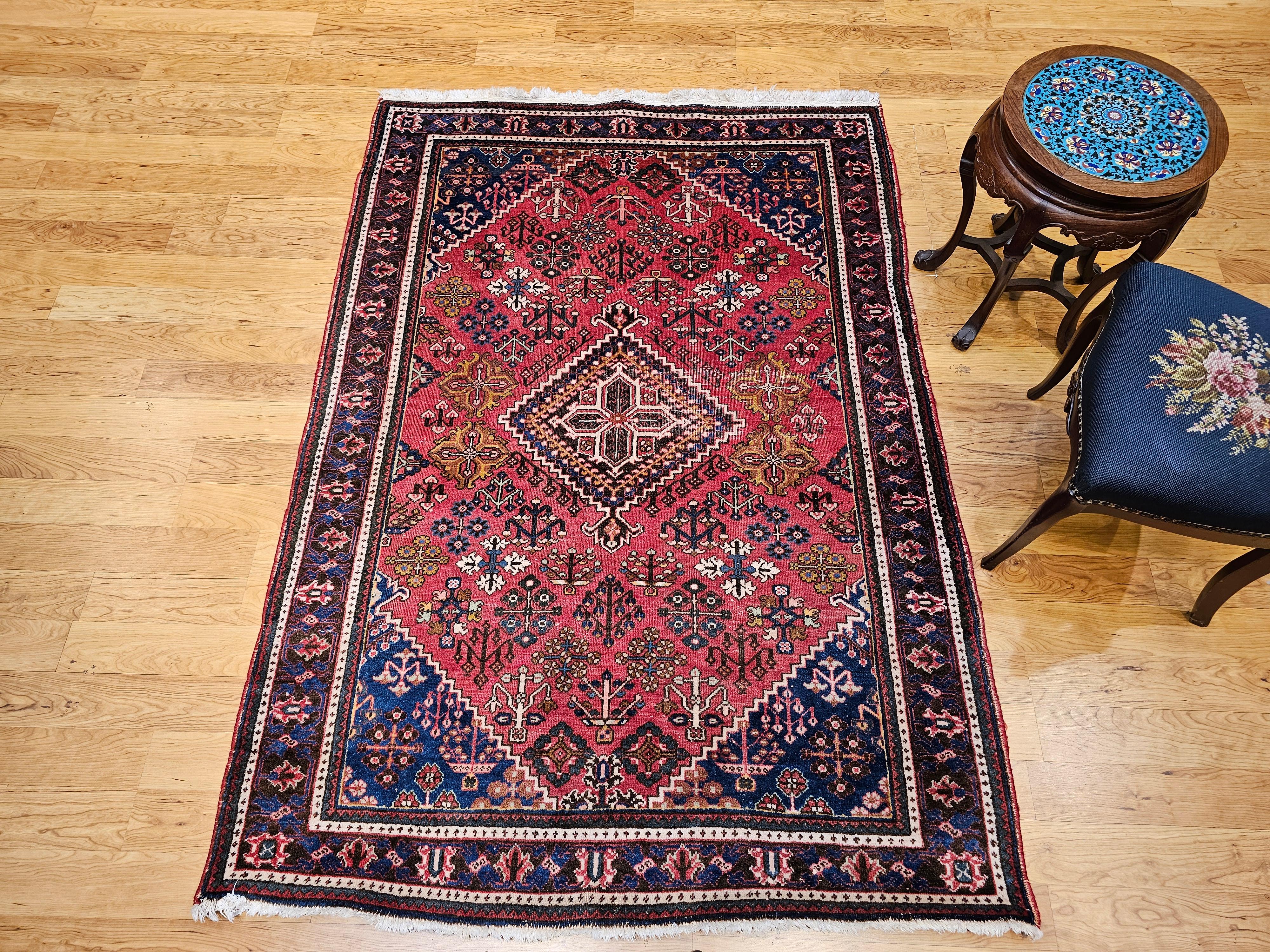 Vintage Persian Joshaghan Rug in a Geometric Pattern in Rust Red, French Blue, G For Sale 5