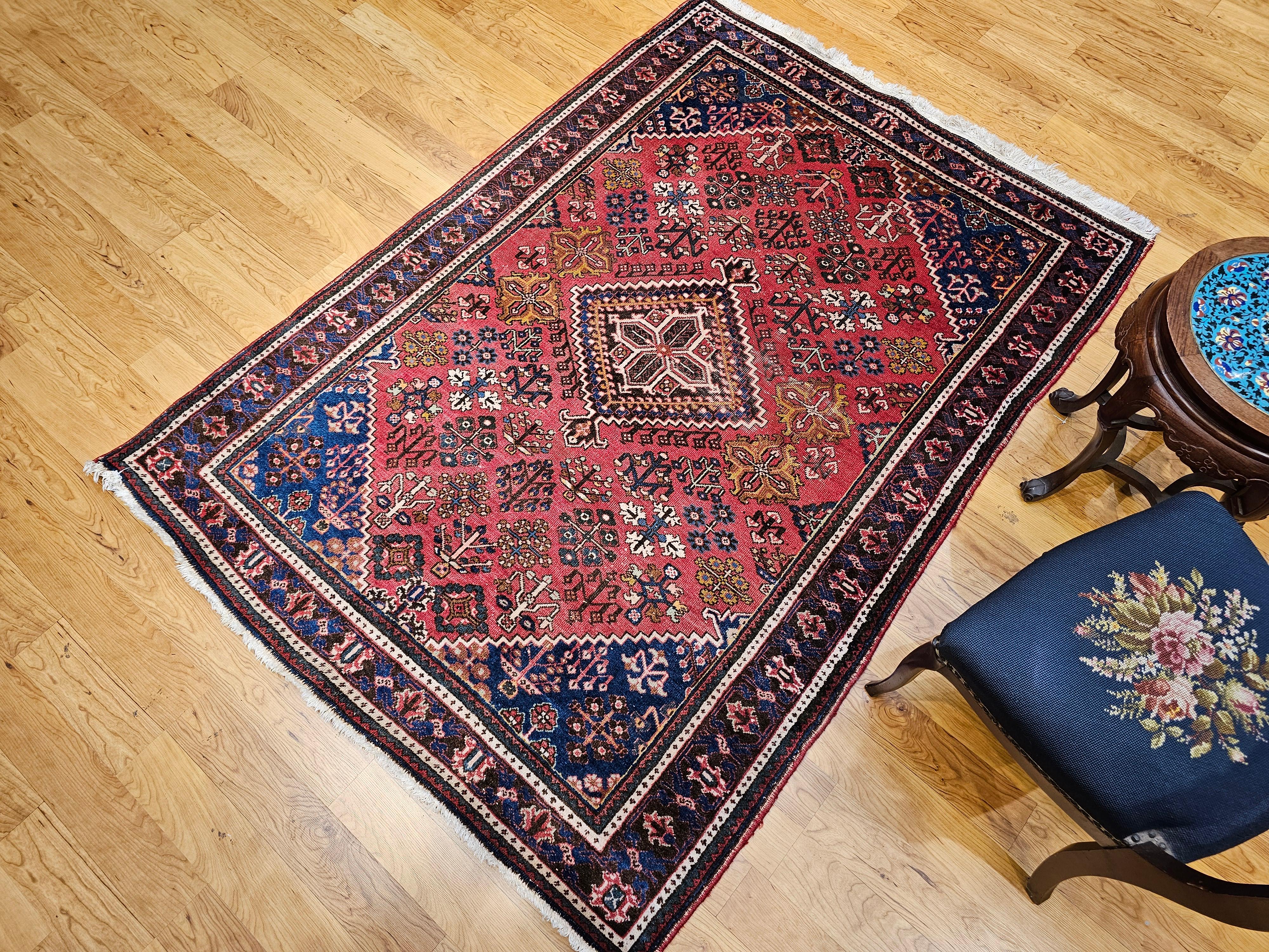 Vintage Persian Joshaghan Rug in a Geometric Pattern in Rust Red, French Blue, G For Sale 6