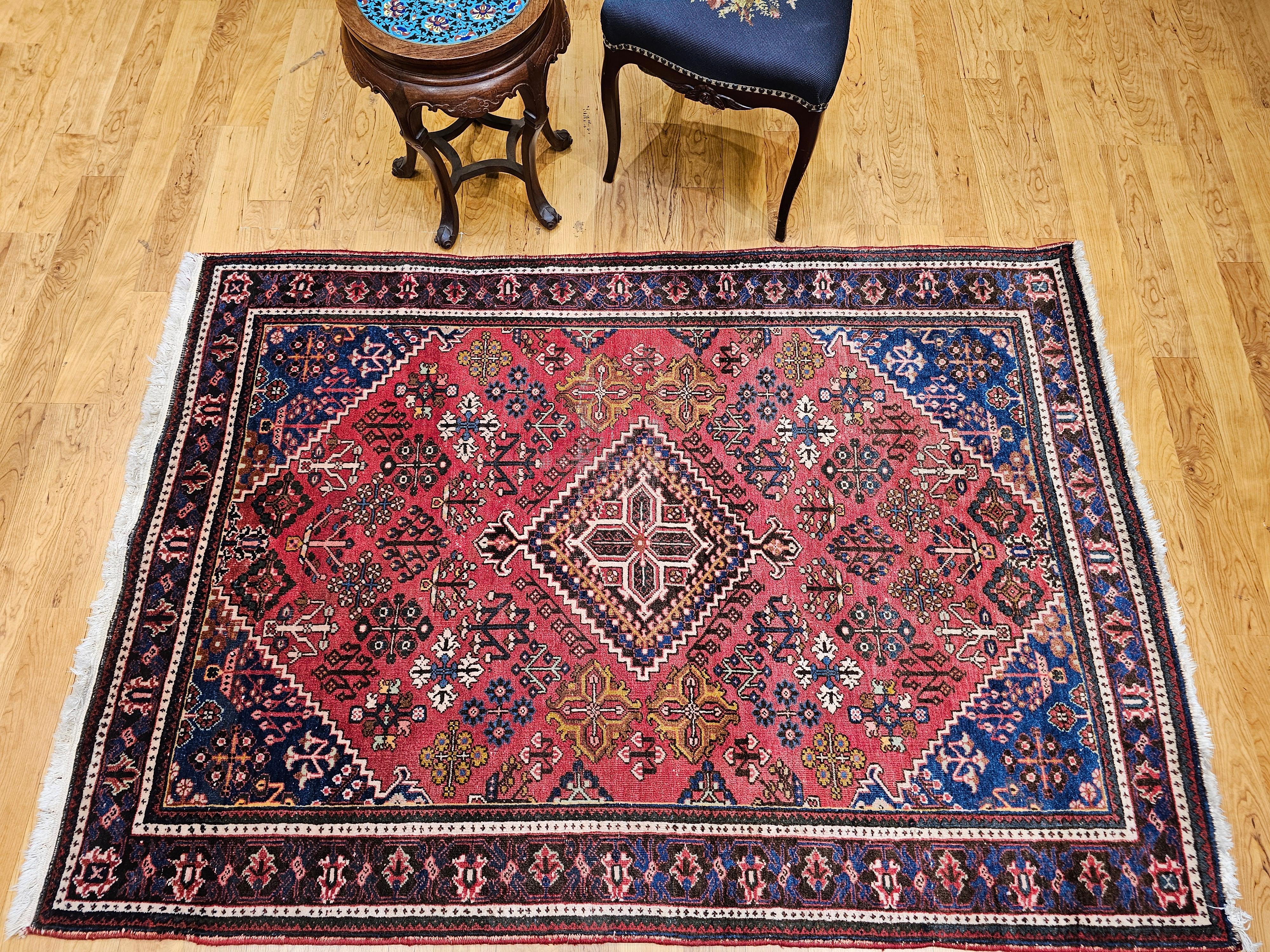 Vintage Persian Joshaghan Rug in a Geometric Pattern in Rust Red, French Blue, G For Sale 7