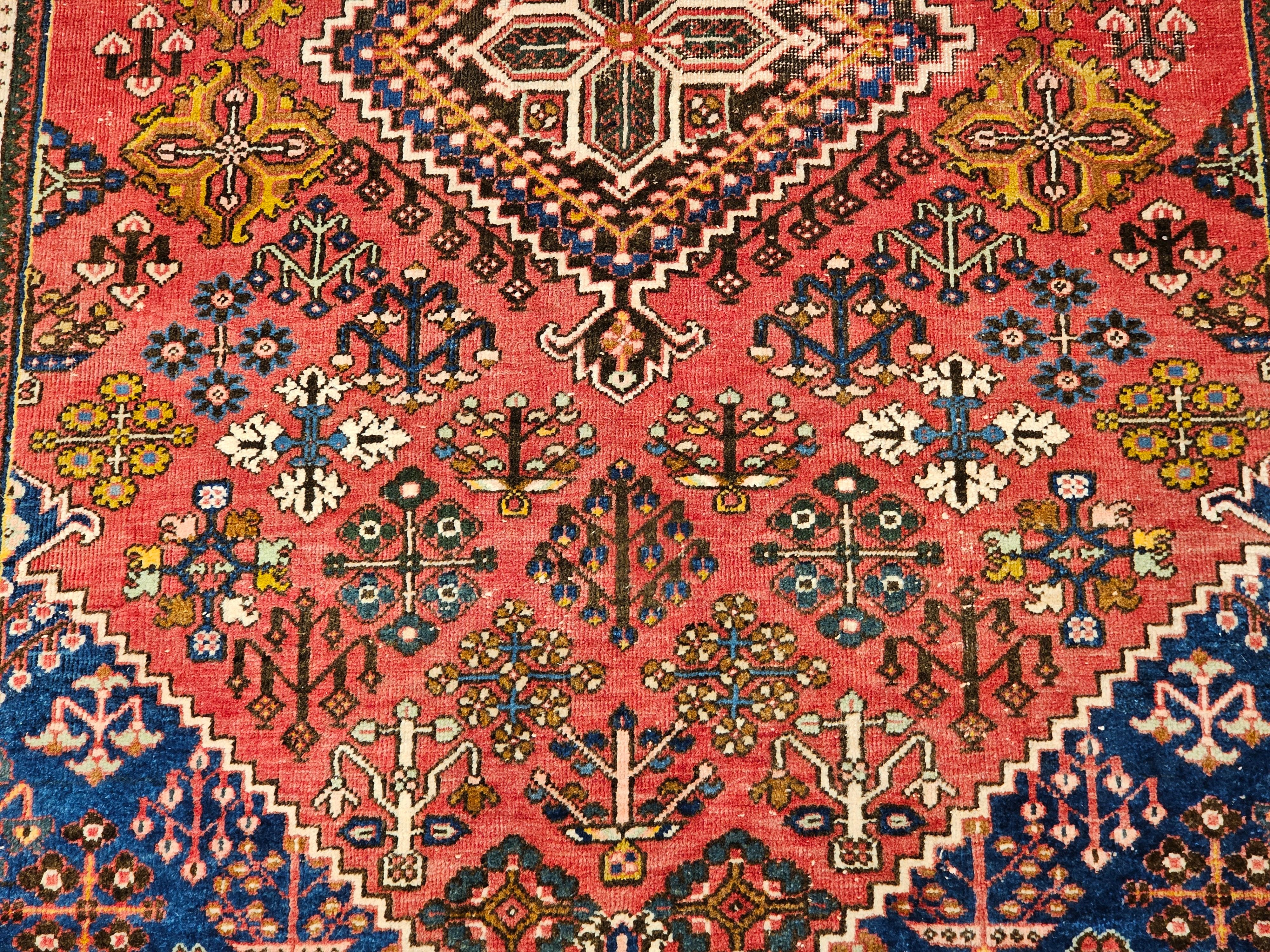 Vintage Persian Joshaghan Rug in a Geometric Pattern in Rust Red, French Blue, G In Good Condition For Sale In Barrington, IL