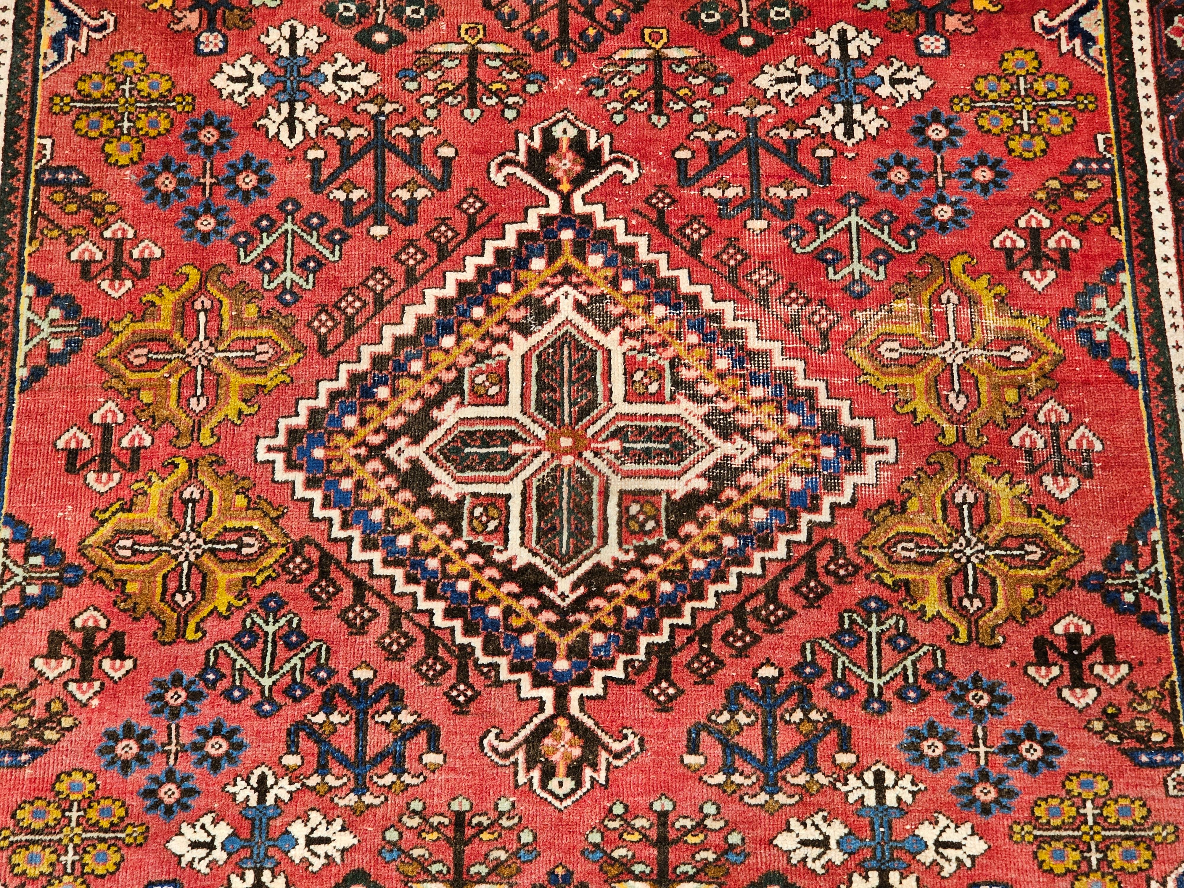 20th Century Vintage Persian Joshaghan Rug in a Geometric Pattern in Rust Red, French Blue, G For Sale