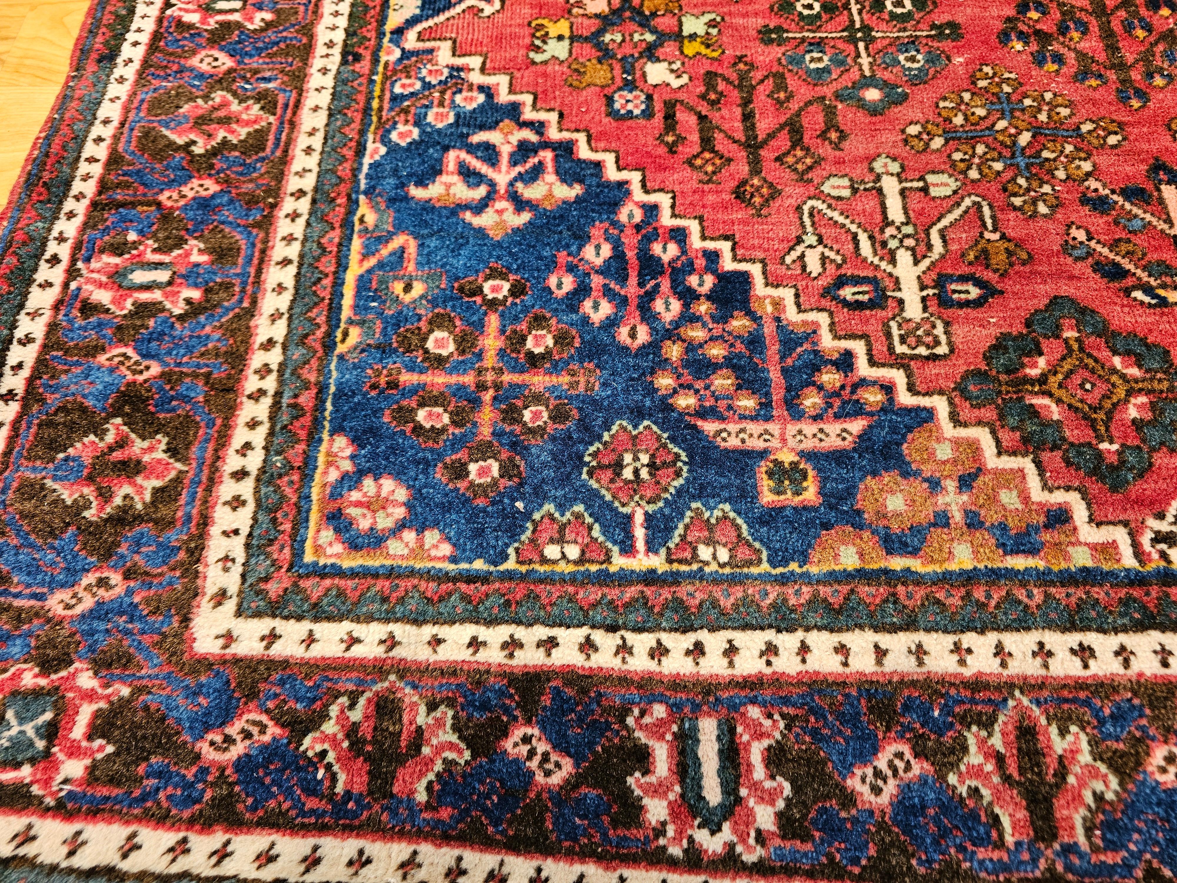 Vintage Persian Joshaghan Rug in a Geometric Pattern in Rust Red, French Blue, G For Sale 1