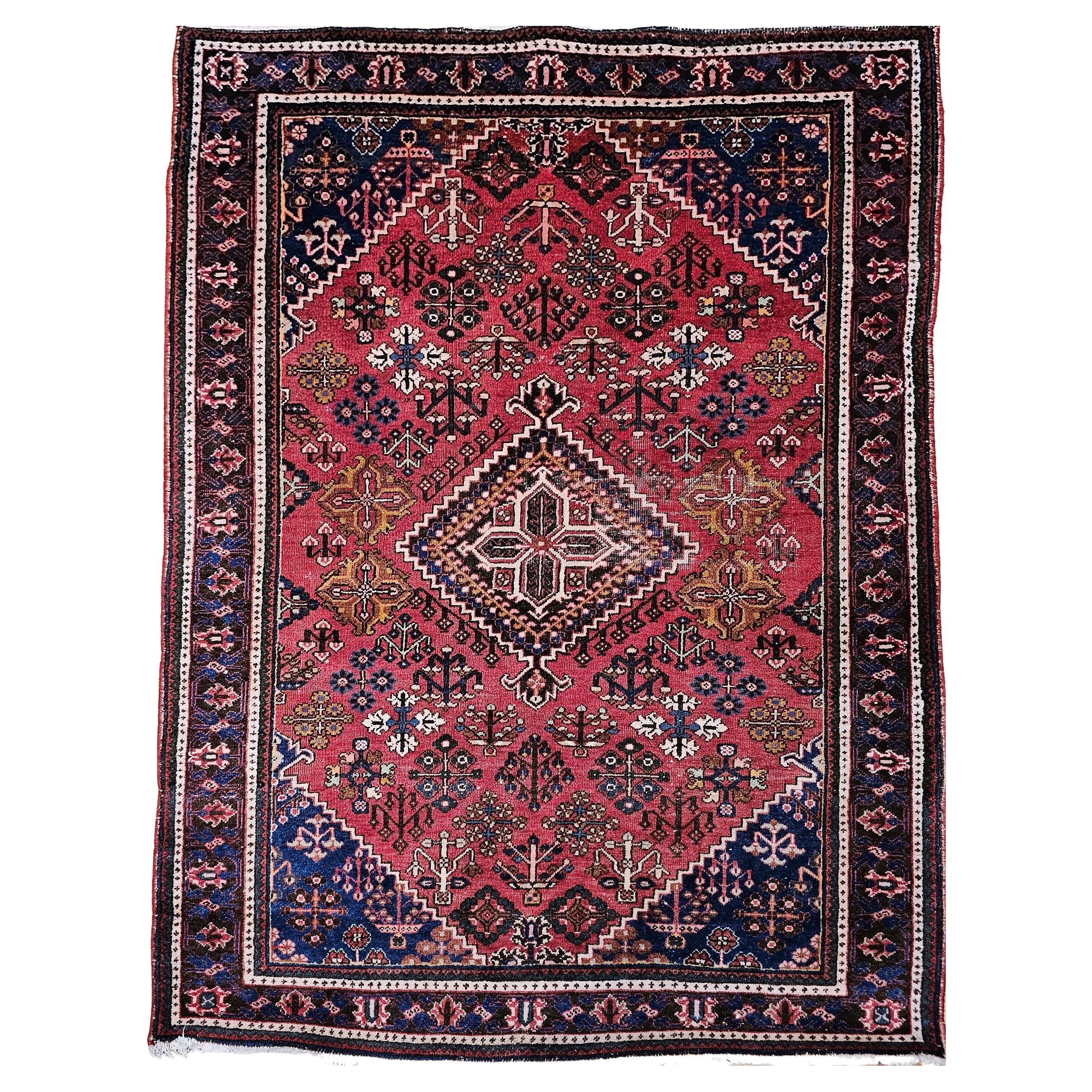 Vintage Persian Joshaghan Rug in a Geometric Pattern in Rust Red, French Blue, G For Sale