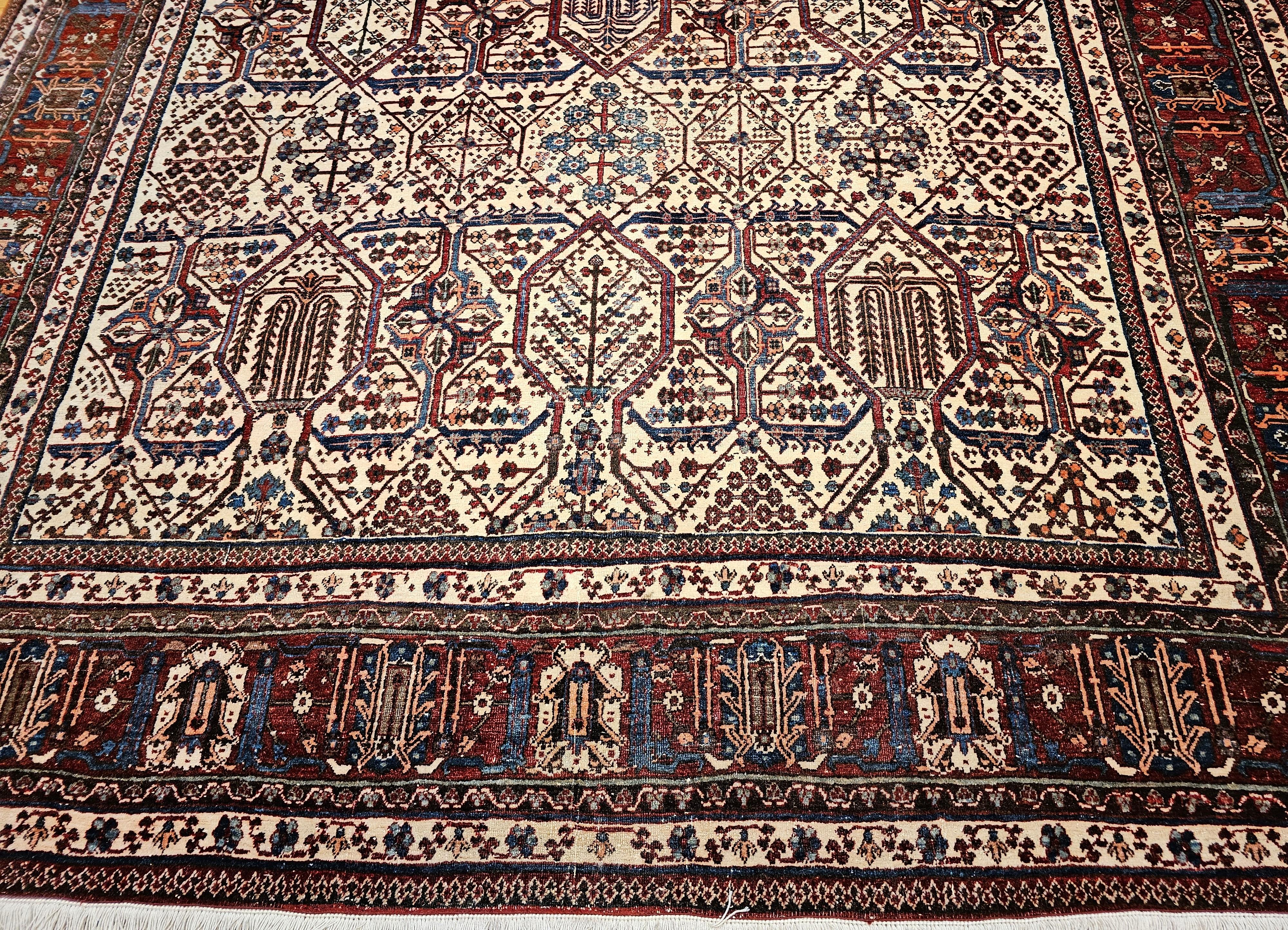Persischer Joshegan in Allover Weeping Willow-Muster in Elfenbein, Blau, Rot, Vintage (Handgeknüpft) im Angebot