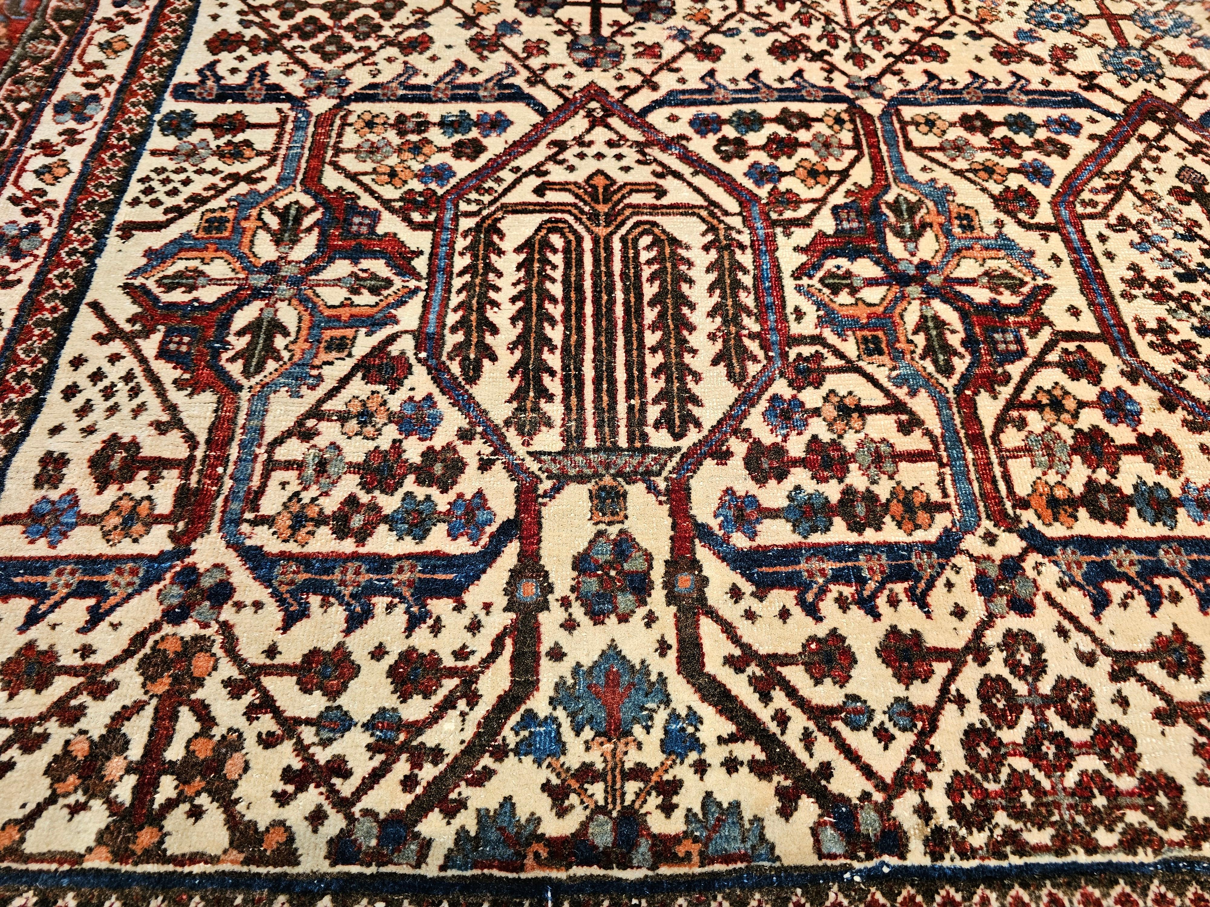 Wool Vintage Persian Joshegan in Allover Weeping Willow Pattern in Ivory, Blue, Red For Sale