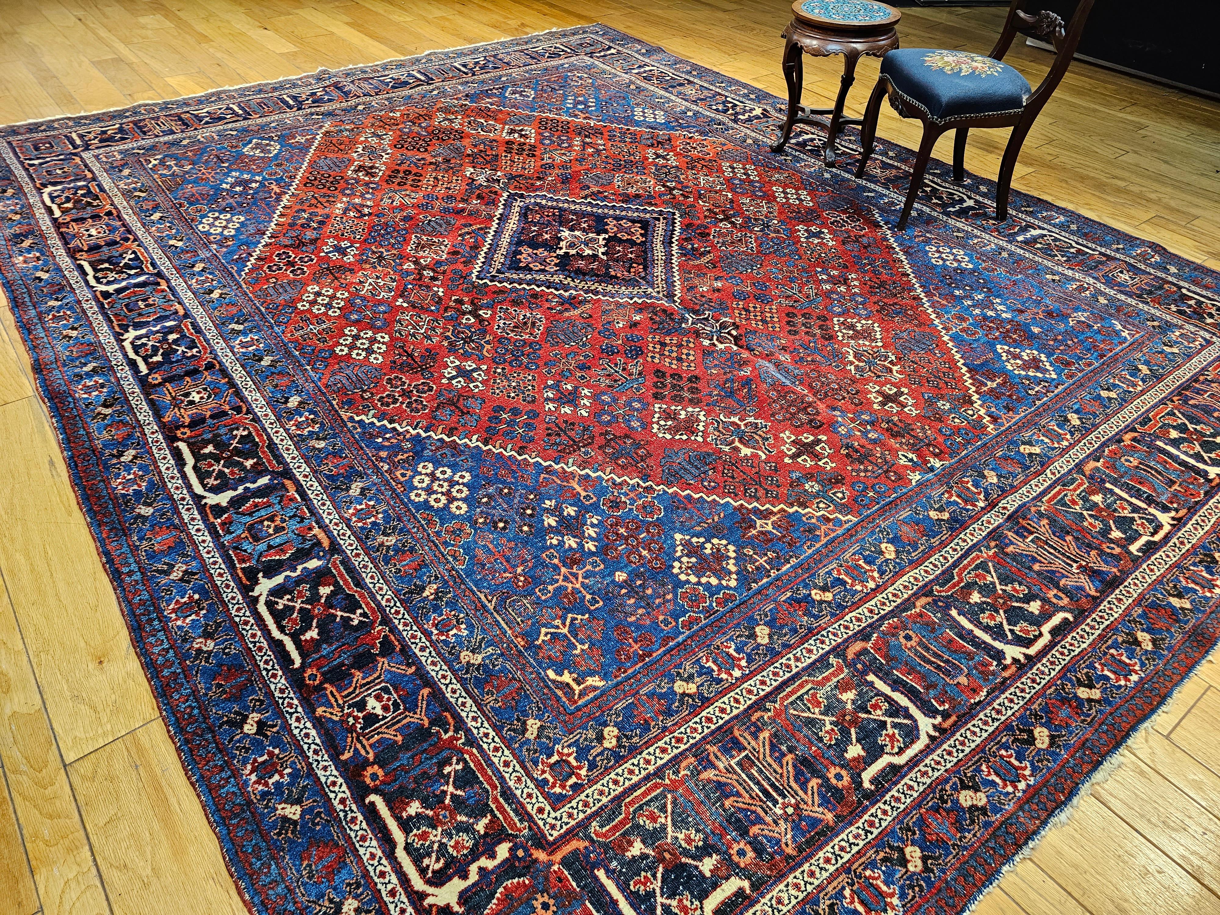 Vintage Persian Joshegan Rug in a Geometric Pattern in Rust Red, French Blue For Sale 4