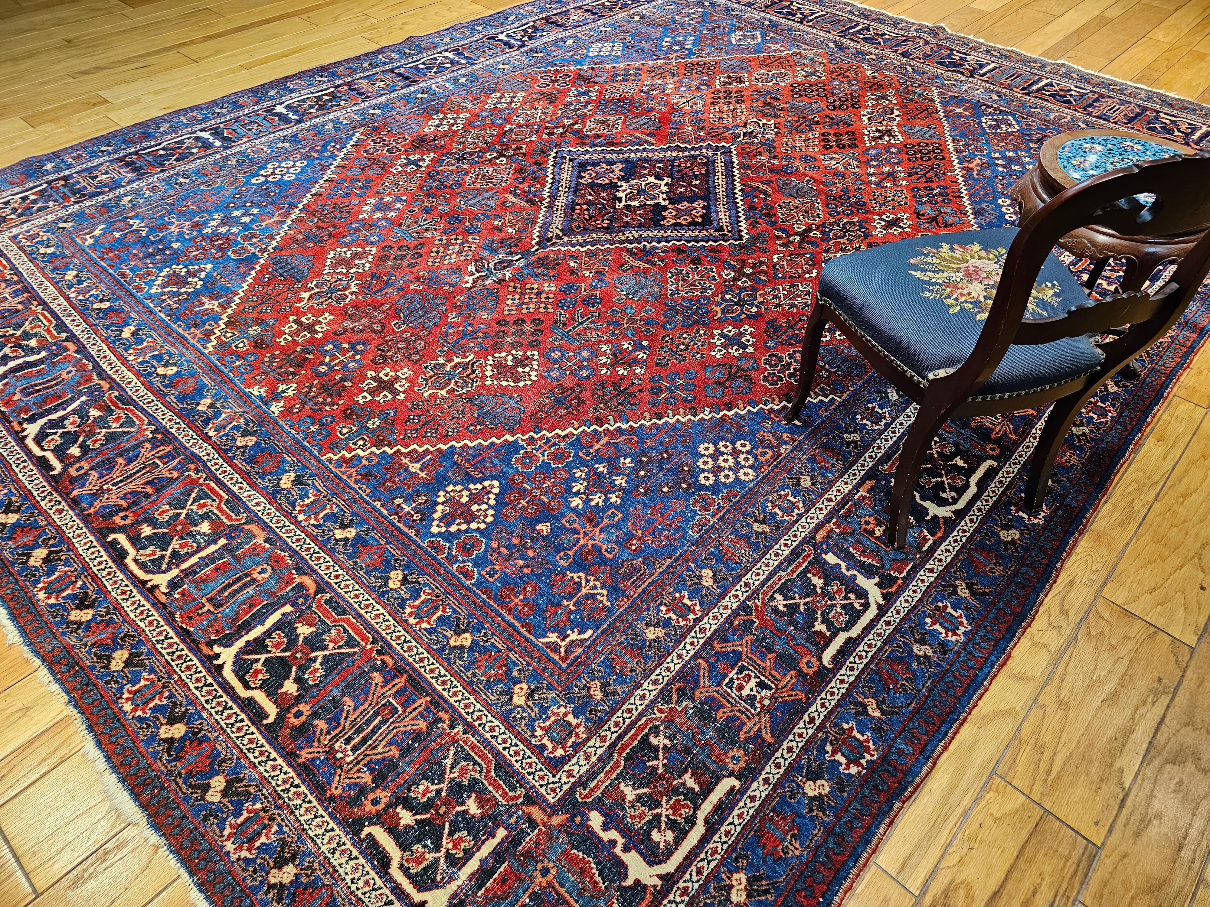 Vintage Persian Joshegan Rug in a Geometric Pattern in Rust Red, French Blue For Sale 5