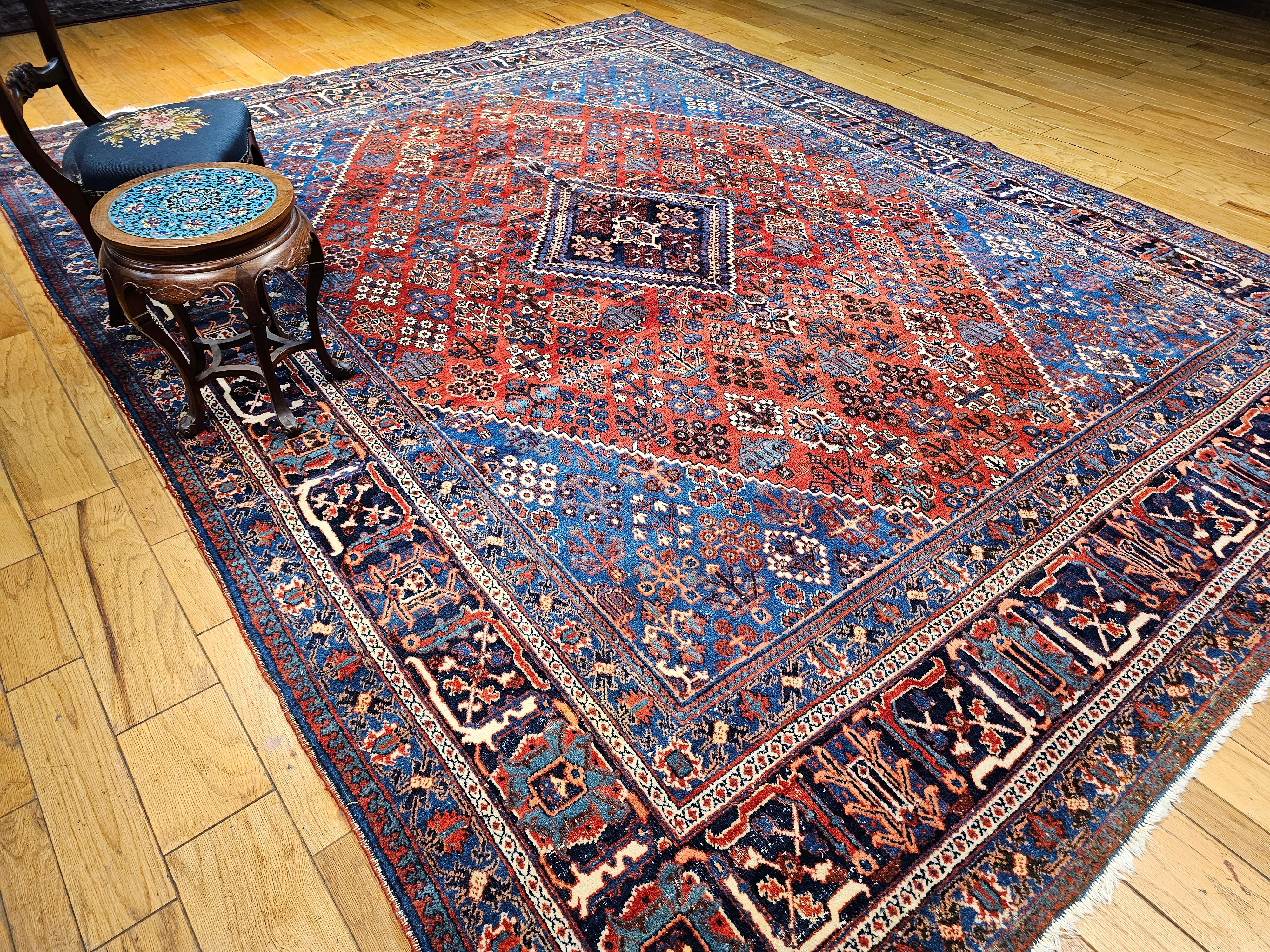 Vintage Persian Joshegan Rug in a Geometric Pattern in Rust Red, French Blue For Sale 6