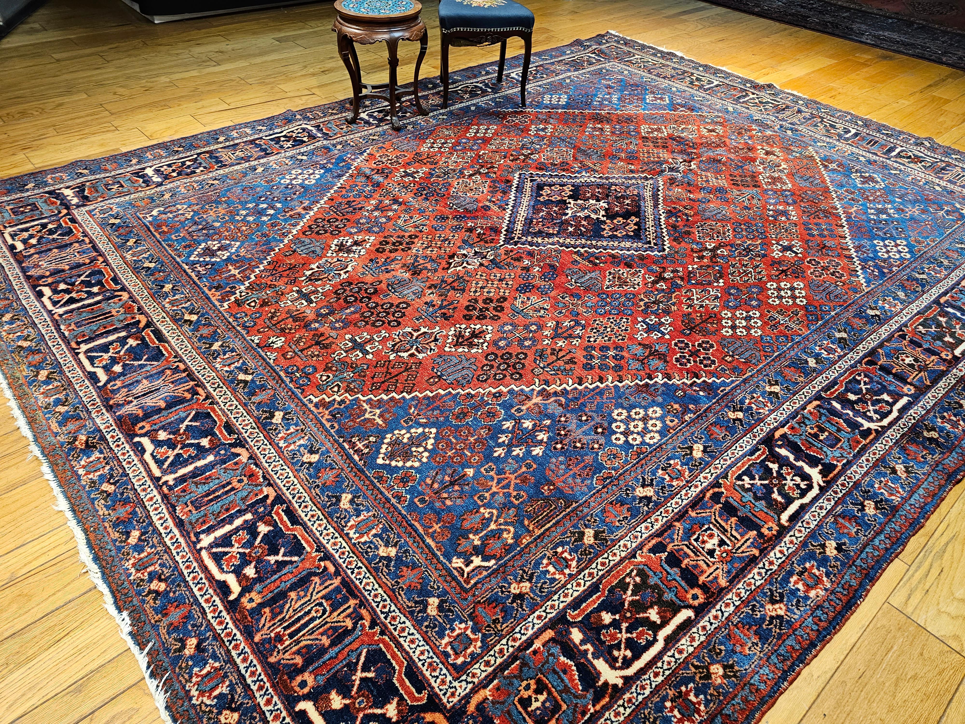 Vintage Persian Joshegan Rug in a Geometric Pattern in Rust Red, French Blue For Sale 7