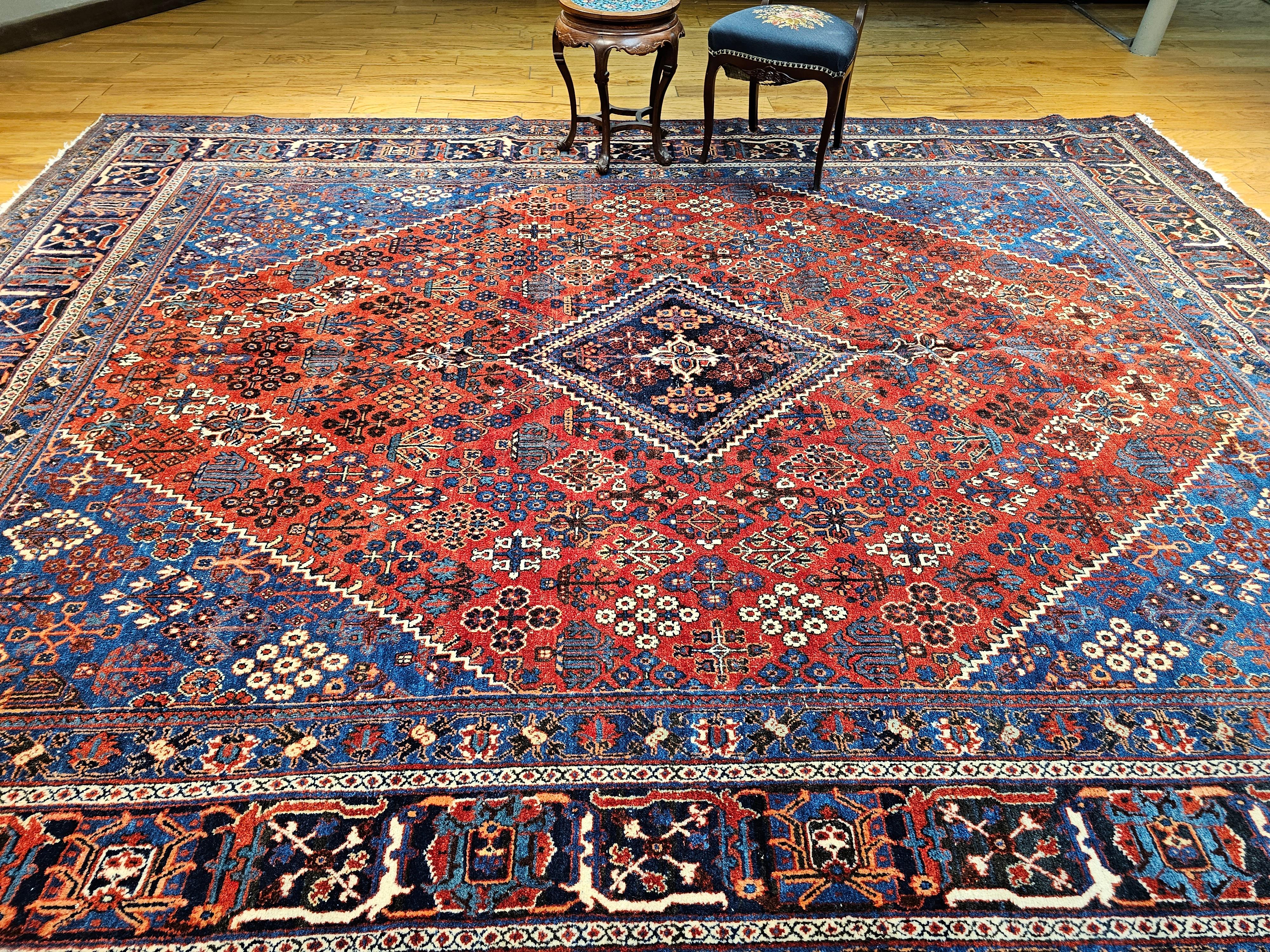 Vintage Persian Joshegan Rug in a Geometric Pattern in Rust Red, French Blue For Sale 8
