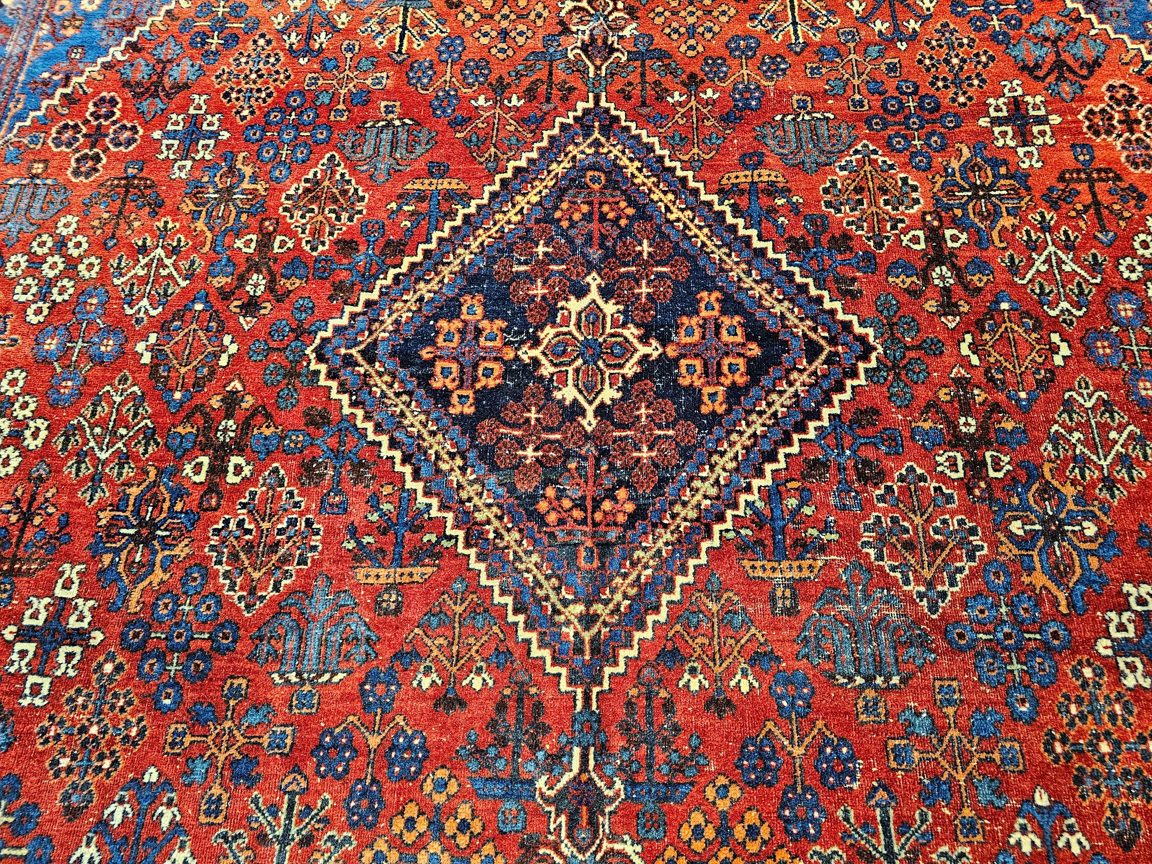 Vintage Persian Joshegan Rug in a Geometric Pattern in Rust Red, French Blue In Good Condition For Sale In Barrington, IL