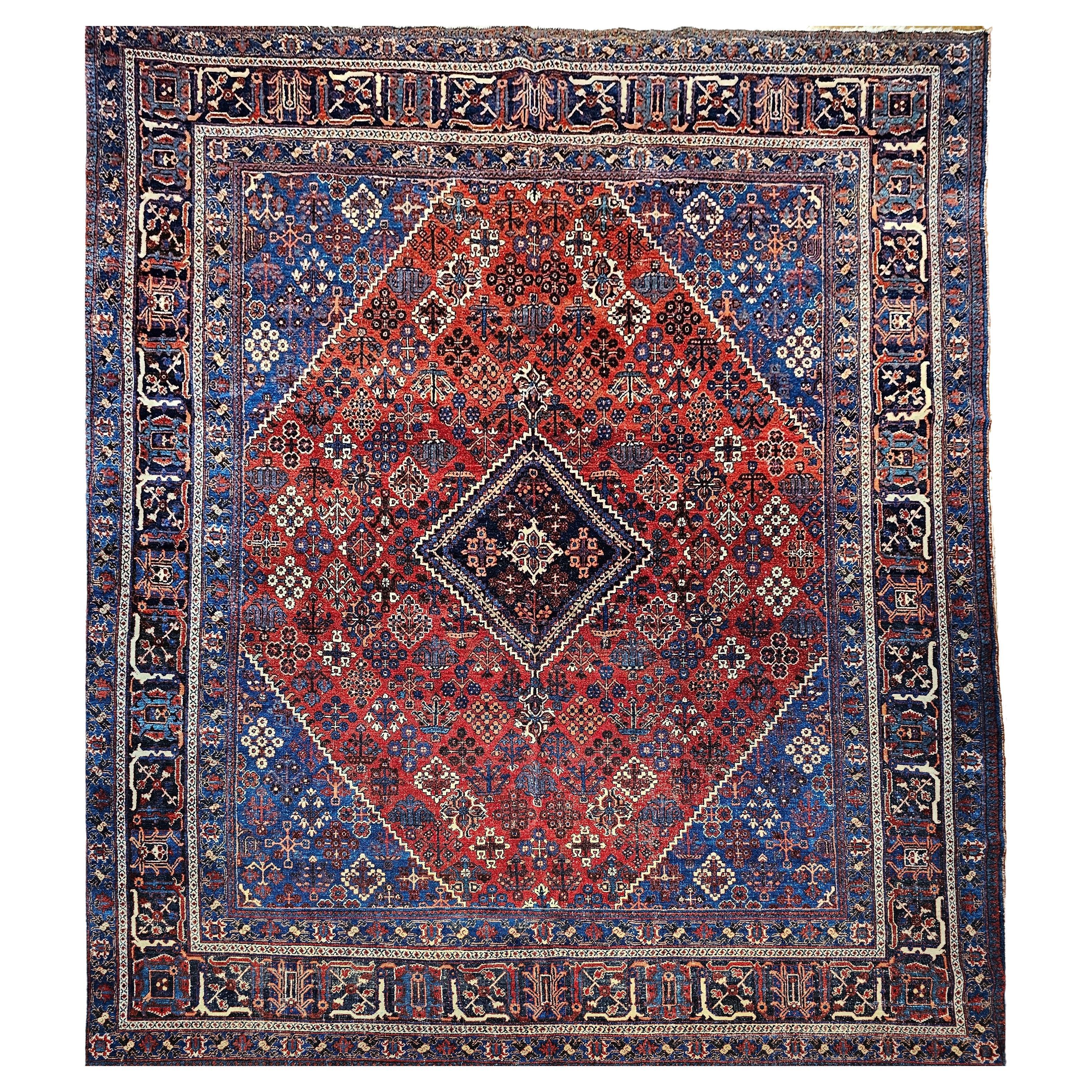 Vintage Persian Joshegan Rug in a Geometric Pattern in Rust Red, French Blue For Sale