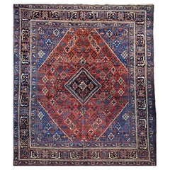 Antique Persian Joshegan Rug in a Geometric Pattern in Rust Red, French Blue