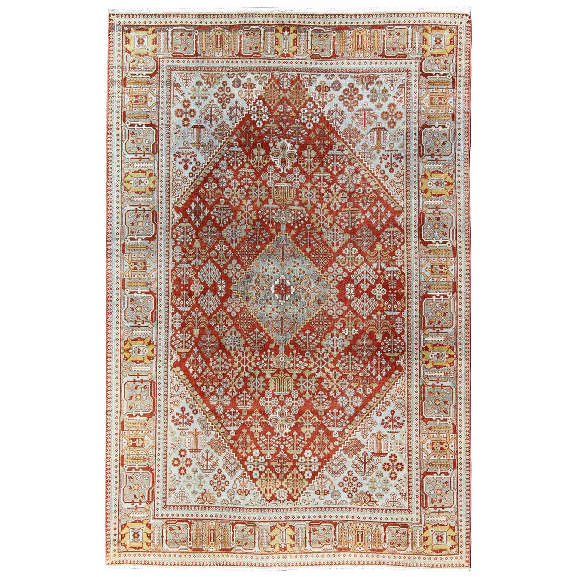 Antique Persian Joshegan Rug with Geometric Medallion Design in Rust and Ivory