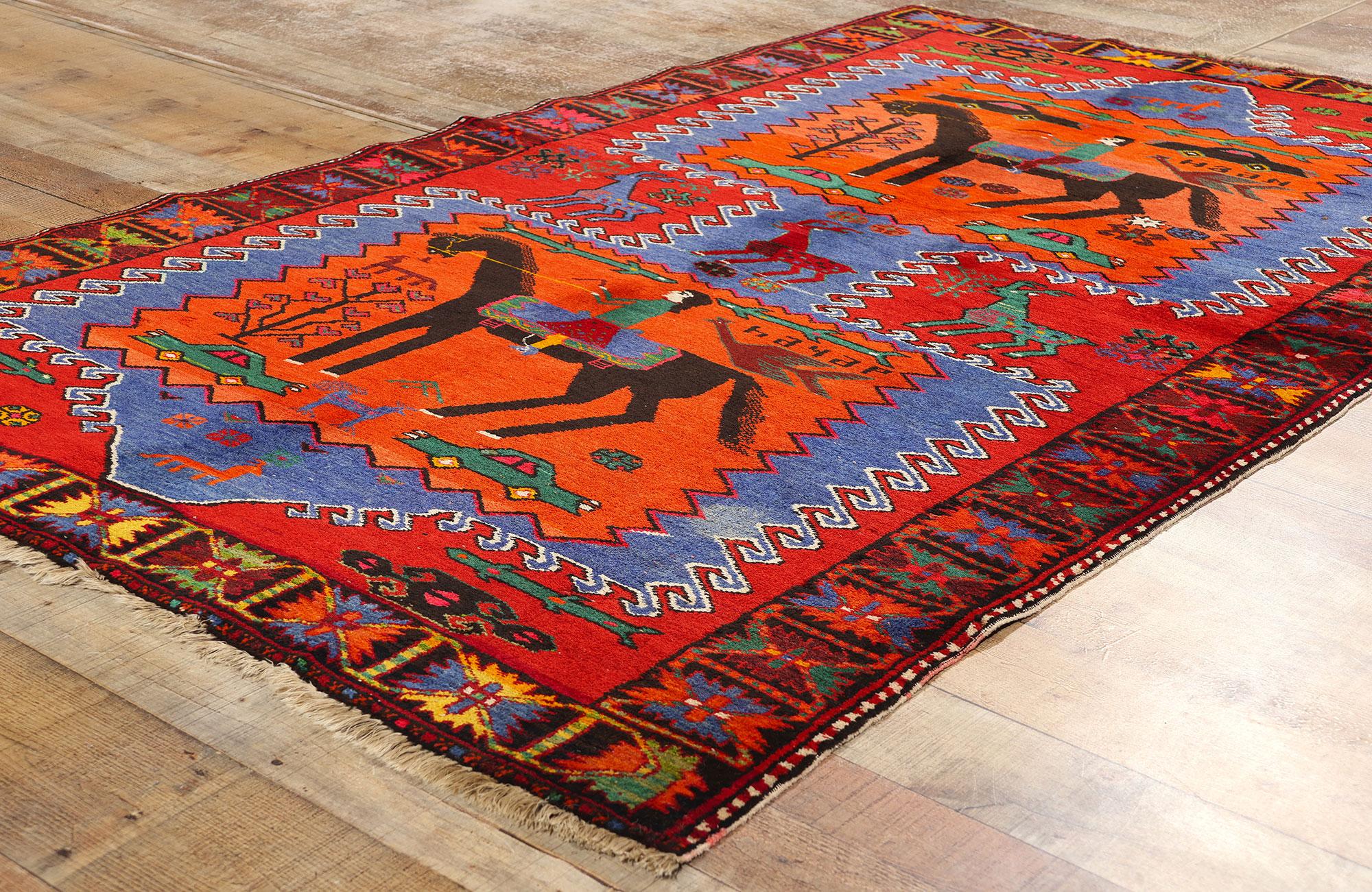 Wool Vintage Persian Karabagh Pictorial Carpet For Sale