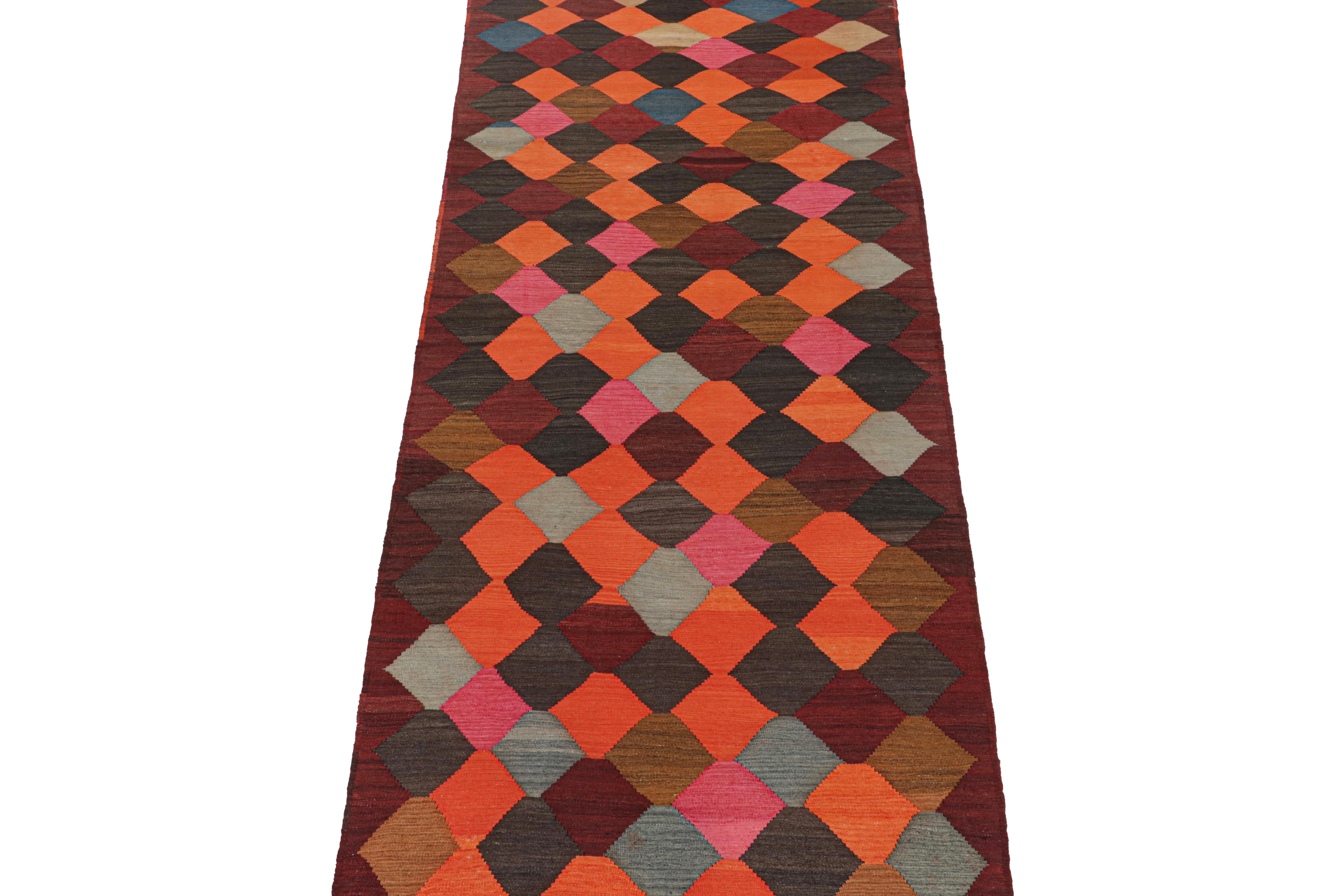 This vintage 4x11 Persian Kilim is a tribal Karadagh rug — named after the mountainous region known for its fabulous works. Handwoven in wool, it originates circa 1950-1960.

Further on the Design:

The bold design prefers diamond patterns in