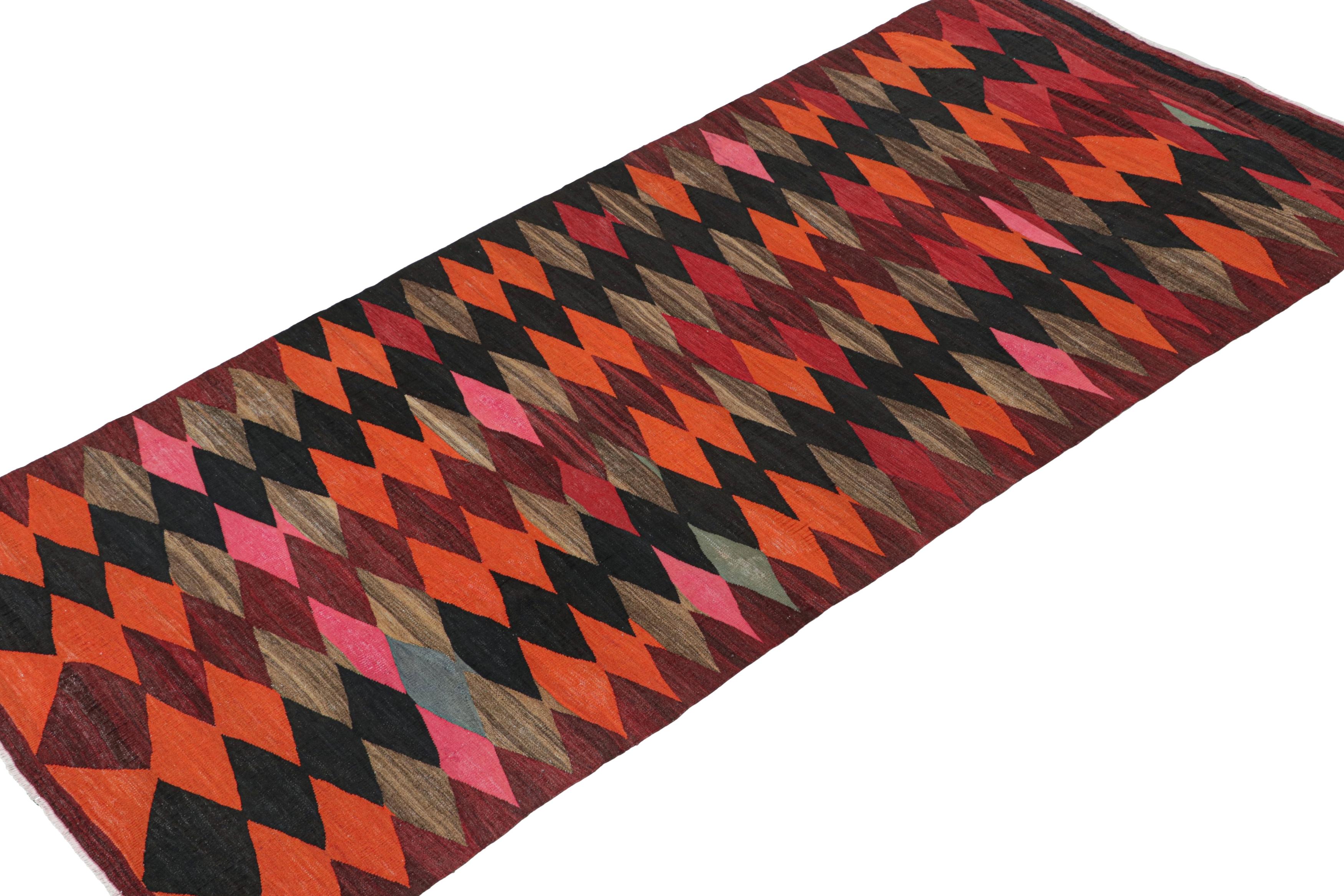 This vintage 4x5 Persian Kilim is a tribal Karadagh rug — named after the mountainous region known for its fabulous works. Handwoven in wool, it originates circa 1950-1960.

Further on the Design:

The bold design prefers diamond patterns in