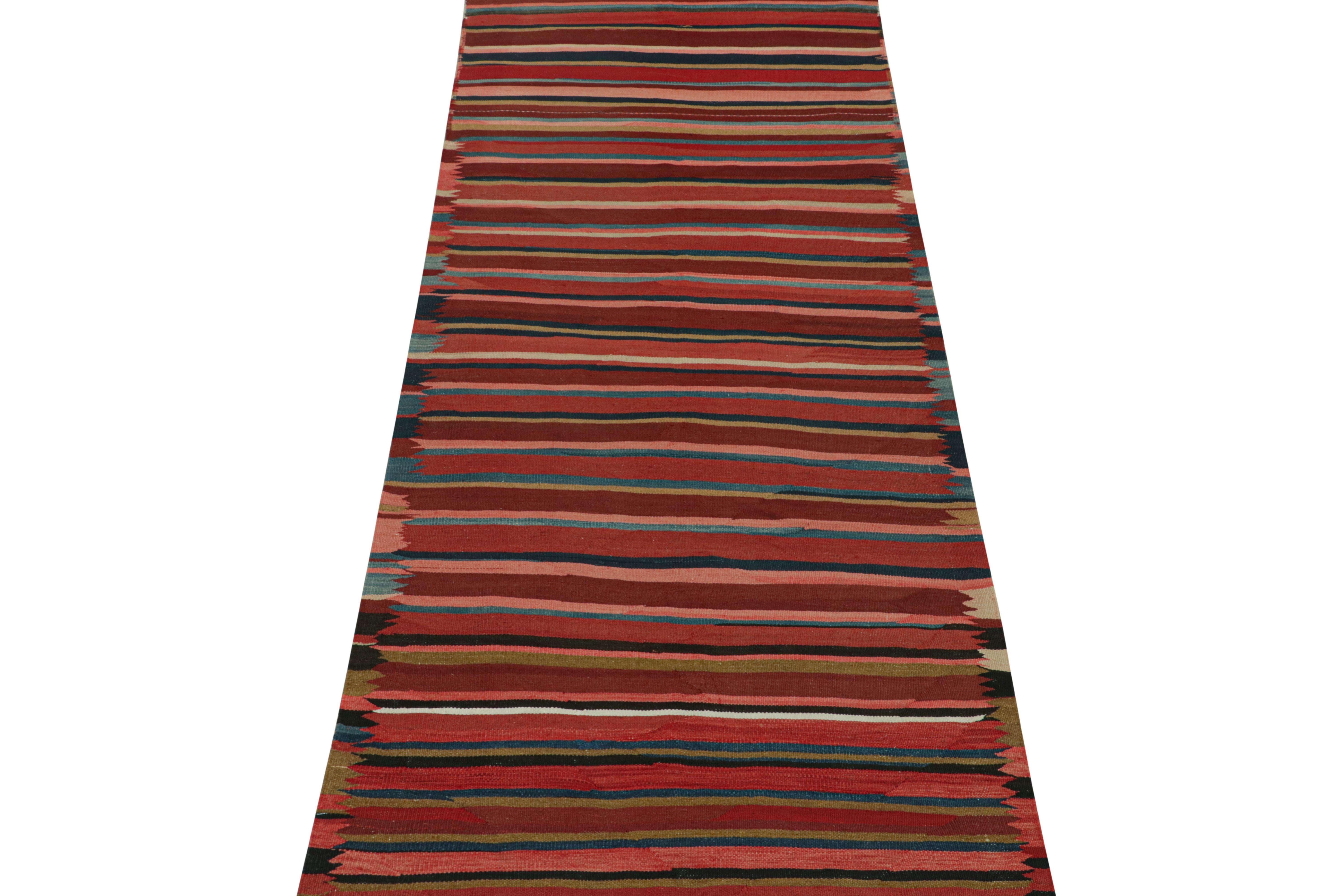 This vintage 5x12 Persian Kilim is a tribal Karadagh rug — named after the mountainous region known for its fabulous works. Handwoven in wool, it originates circa 1950-1960.

Further on the Design:

The bold design prefers striped patterns in