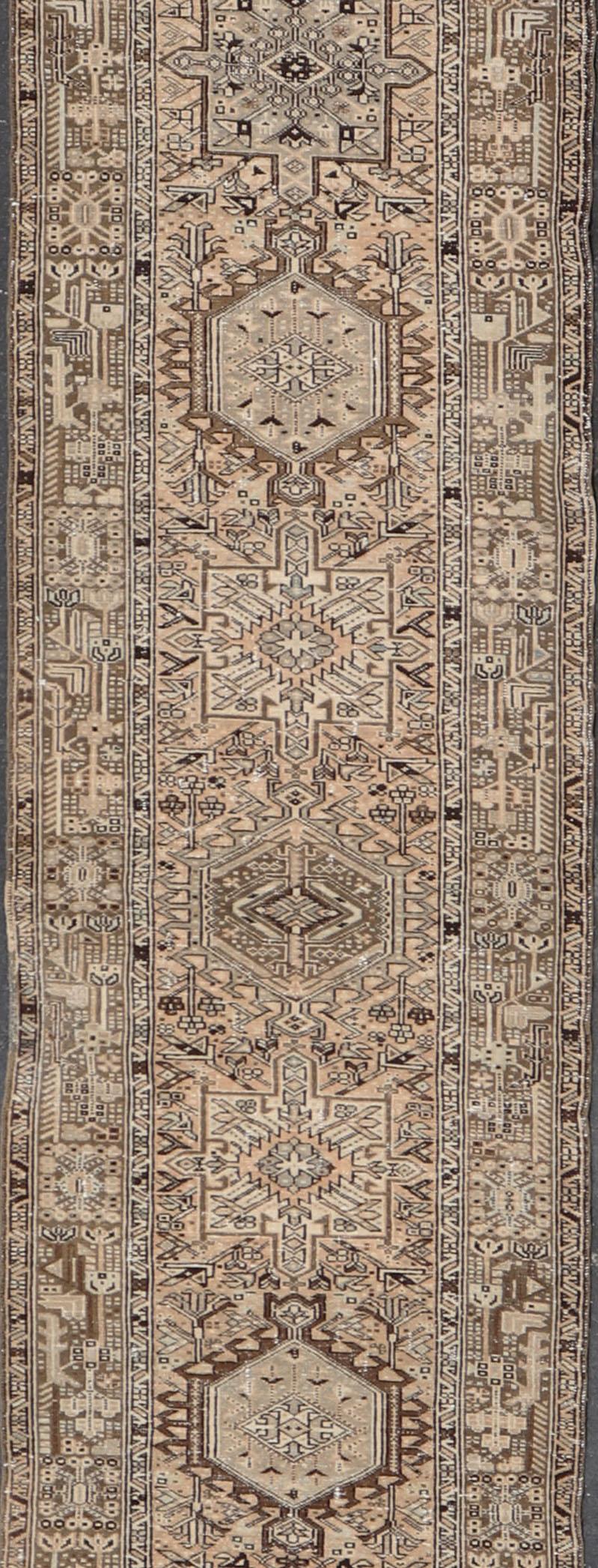 Vintage Persian Karadjeh Long Runner with Medallion Design in Natural Wool Tones For Sale 5