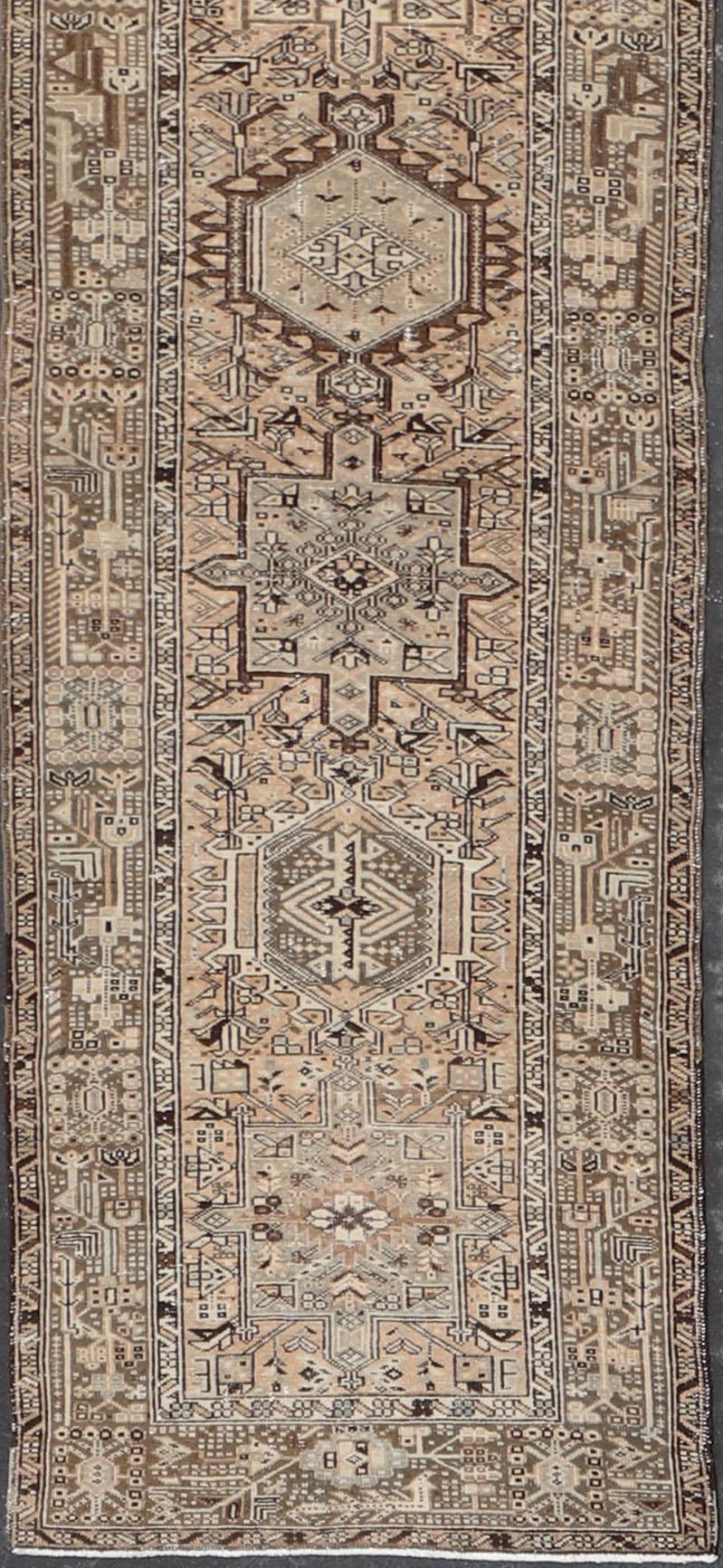 Vintage Persian Karadjeh Long Runner with Medallion Design in Natural Wool Tones For Sale 6