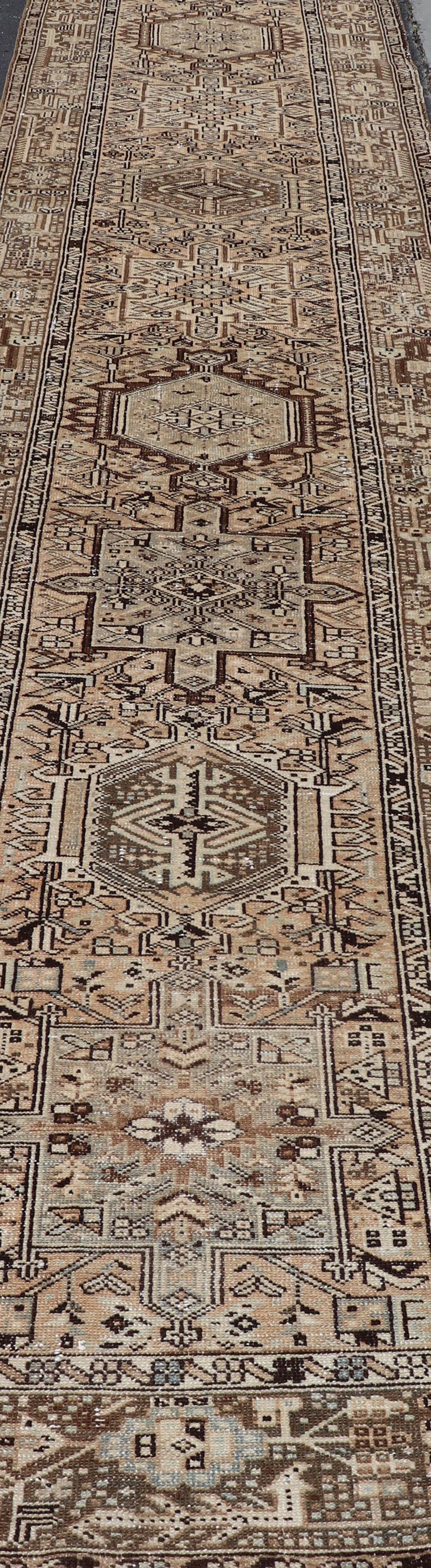 Hand-Knotted Vintage Persian Karadjeh Long Runner with Medallion Design in Natural Wool Tones For Sale