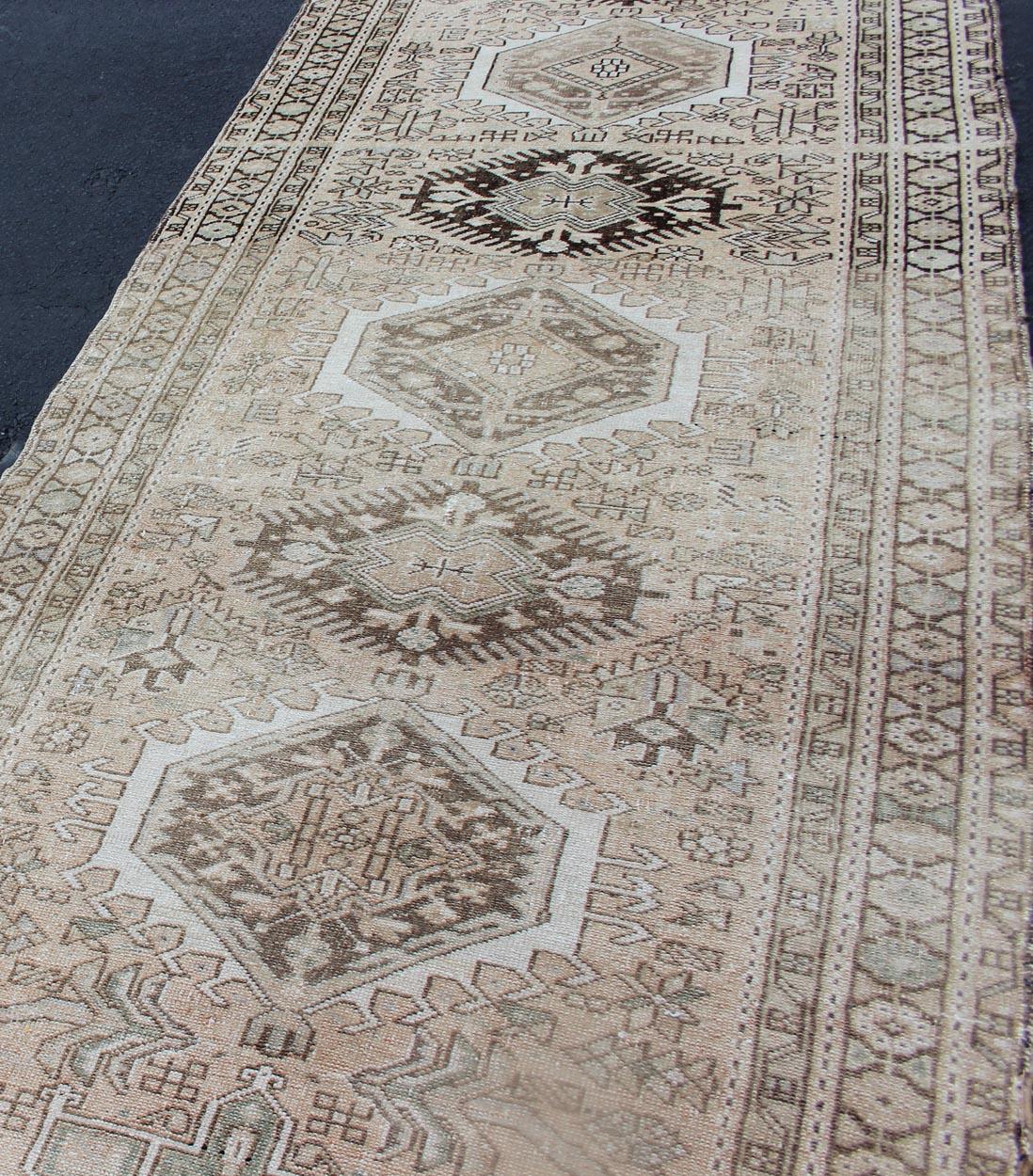 Vintage Persian Karadjeh Long Runner with Medallions in Light Blush, Brown, Blue In Good Condition For Sale In Atlanta, GA