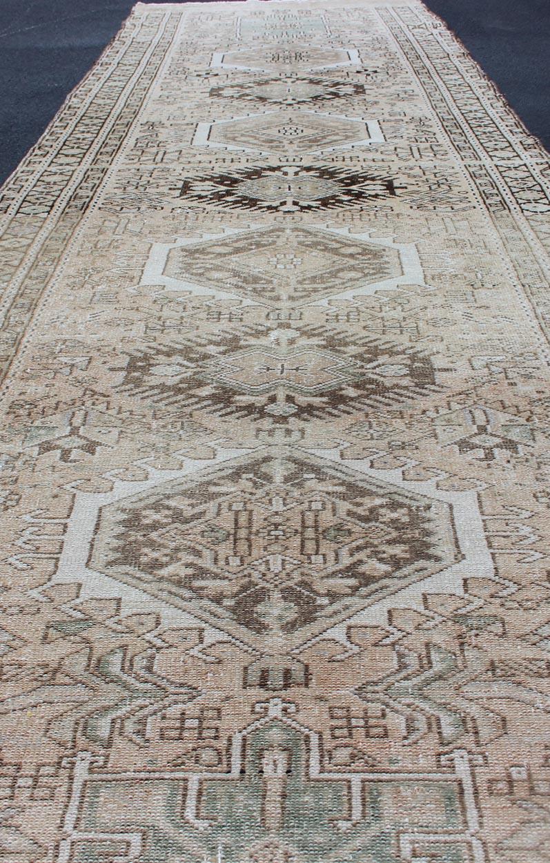 Mid-20th Century Vintage Persian Karadjeh Long Runner with Medallions in Light Blush, Brown, Blue For Sale