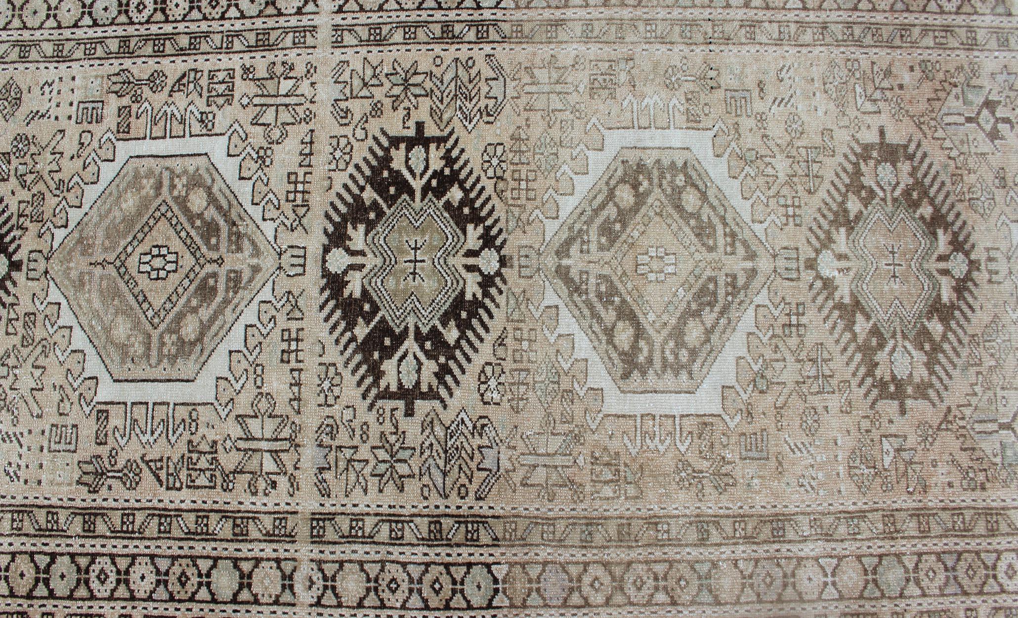 Wool Vintage Persian Karadjeh Long Runner with Medallions in Light Blush, Brown, Blue For Sale