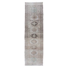 Vintage Persian Karadjeh Long Runner with Medallions in Light Blush, Brown, Blue