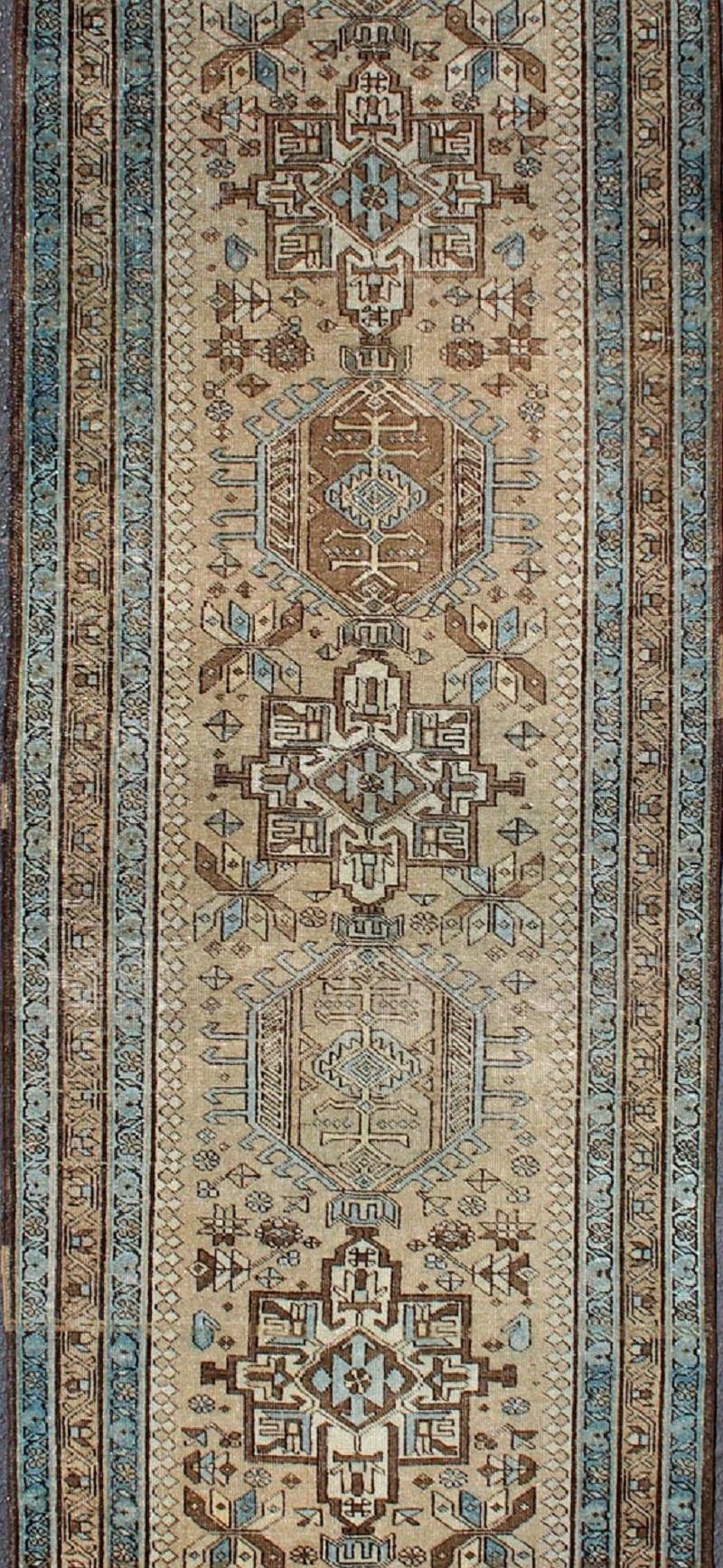 Tribal Vintage Persian Karadjeh Runner with Intricate Geometric Design in Blue & Brown For Sale