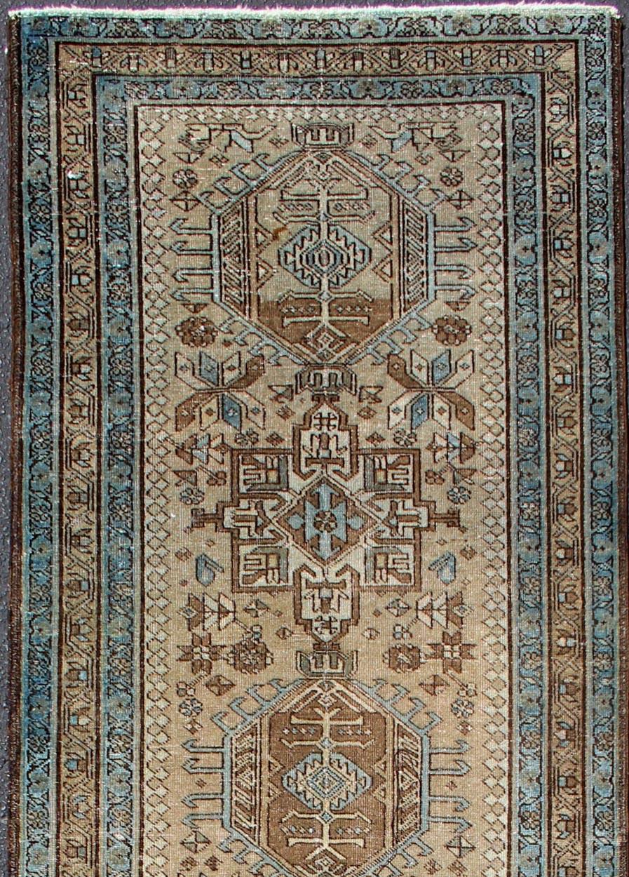 Hand-Knotted Vintage Persian Karadjeh Runner with Intricate Geometric Design in Blue & Brown For Sale