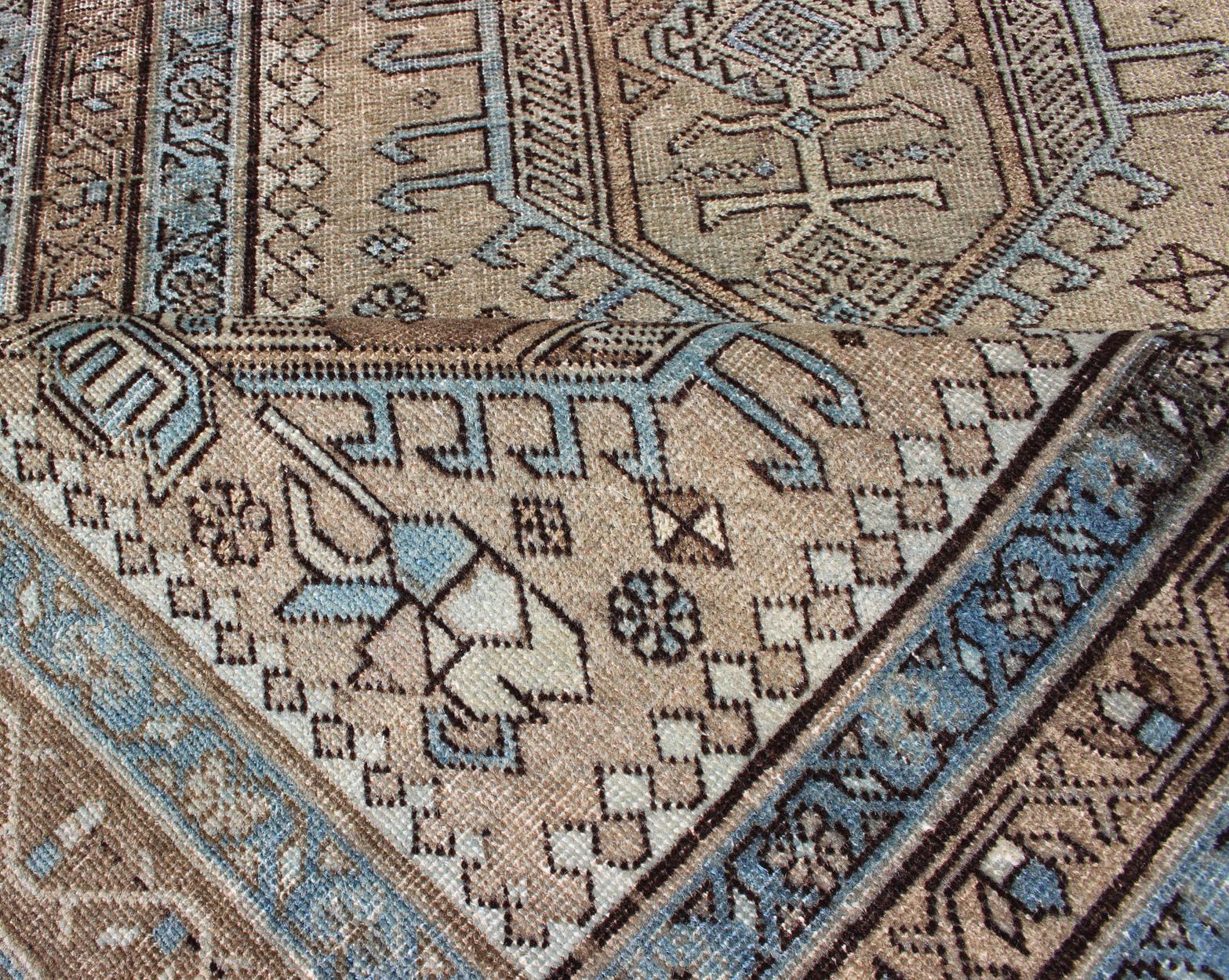 Vintage Persian Karadjeh Runner with Intricate Geometric Design in Blue & Brown In Good Condition For Sale In Atlanta, GA
