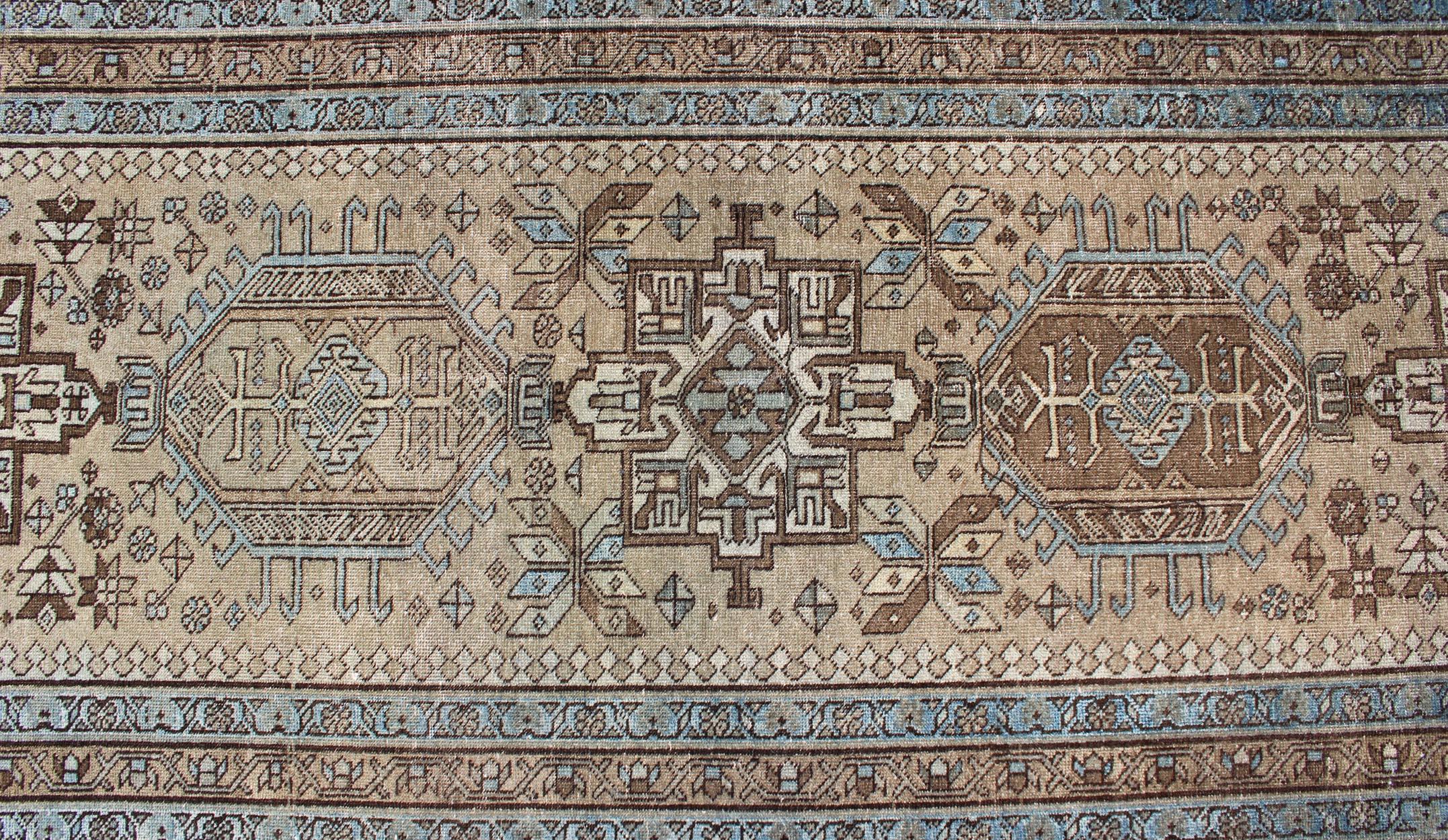 Mid-20th Century Vintage Persian Karadjeh Runner with Intricate Geometric Design in Blue & Brown For Sale