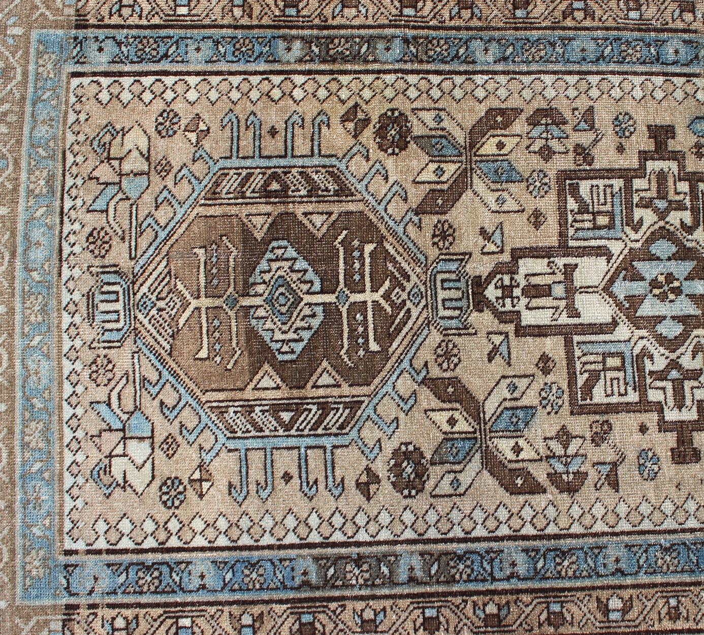 Wool Vintage Persian Karadjeh Runner with Intricate Geometric Design in Blue & Brown For Sale