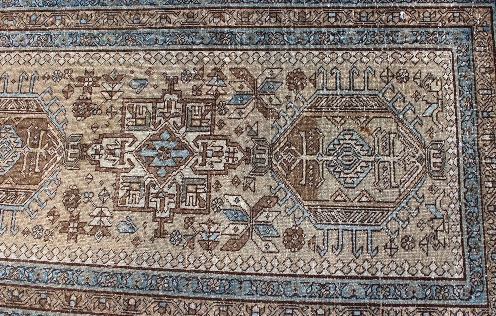 Vintage Persian Karadjeh Runner with Intricate Geometric Design in Blue & Brown For Sale 1